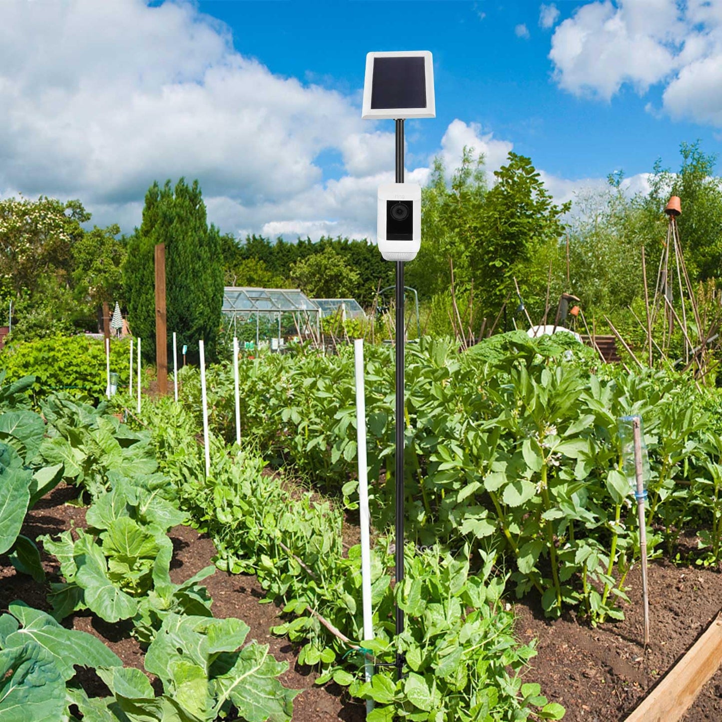 Koroao 31.49 or 47.24 inch Ground Stake Mount Stand with Solar Panel Mount for Ring, Blink, Arlo, Eufy, Wyze, Google Nest, Simplisafe Cameras and Solar Panels Ground Stake Bracket（Black）