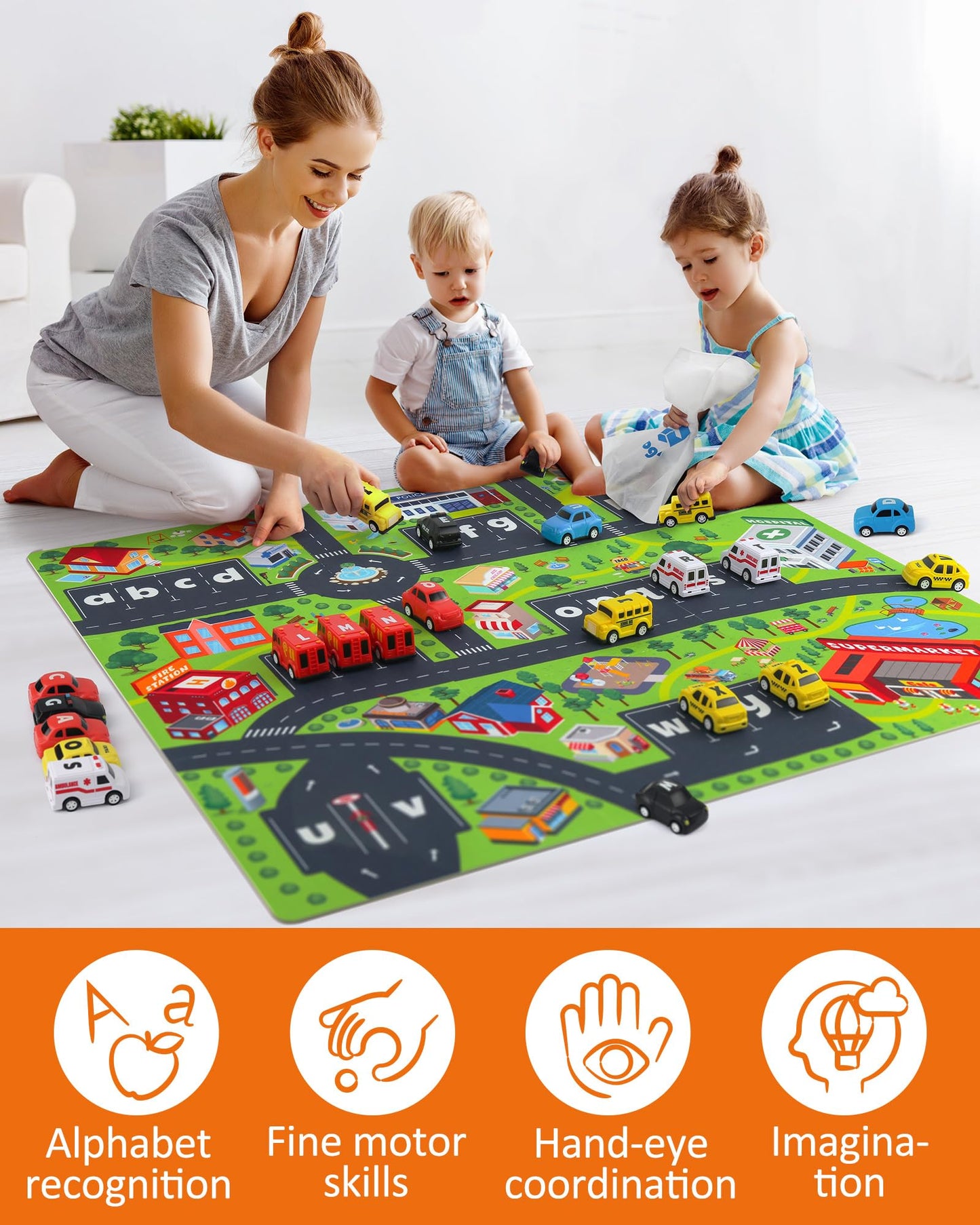 Coogam Alphabet Maze, 26pcs Pull Back Car with Play Mat Preschool Letter Matching Game for 3 4 5 Years Old, Educational Fine Motor Gift Toy for Toddler Kids