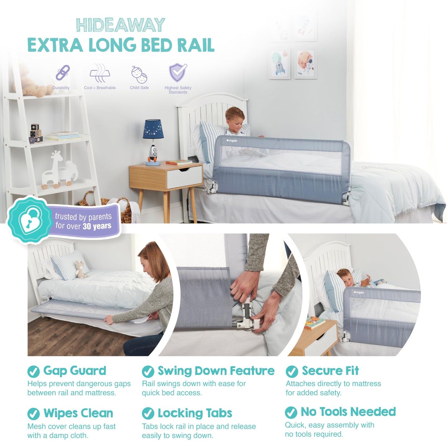 Regalo Safety 54” Extra Long Hideaway Bed Rail Guard for Toddlers, Toddler Bed Rail with Reinforced Anchor Safety System, 20” Tall Bed Safety Rail, Fits Twin, Full & Queen Beds, Gray
