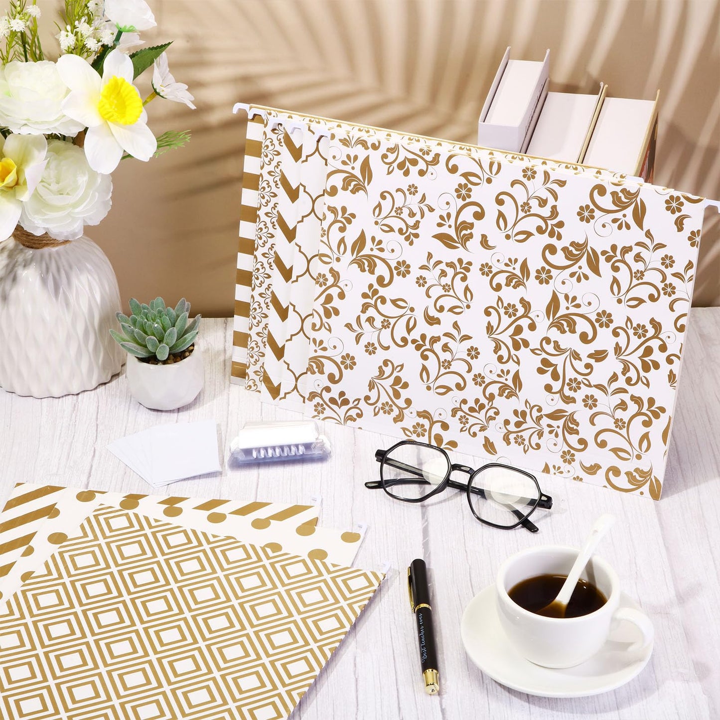 Estune 32 Pcs Decorative Hanging File Folders Letter Size Cabinet File Folders Organizers with 1/5 Cut Adjustable Tabs for Office Desk School Filing Cabinet Home(Gold Stripe)