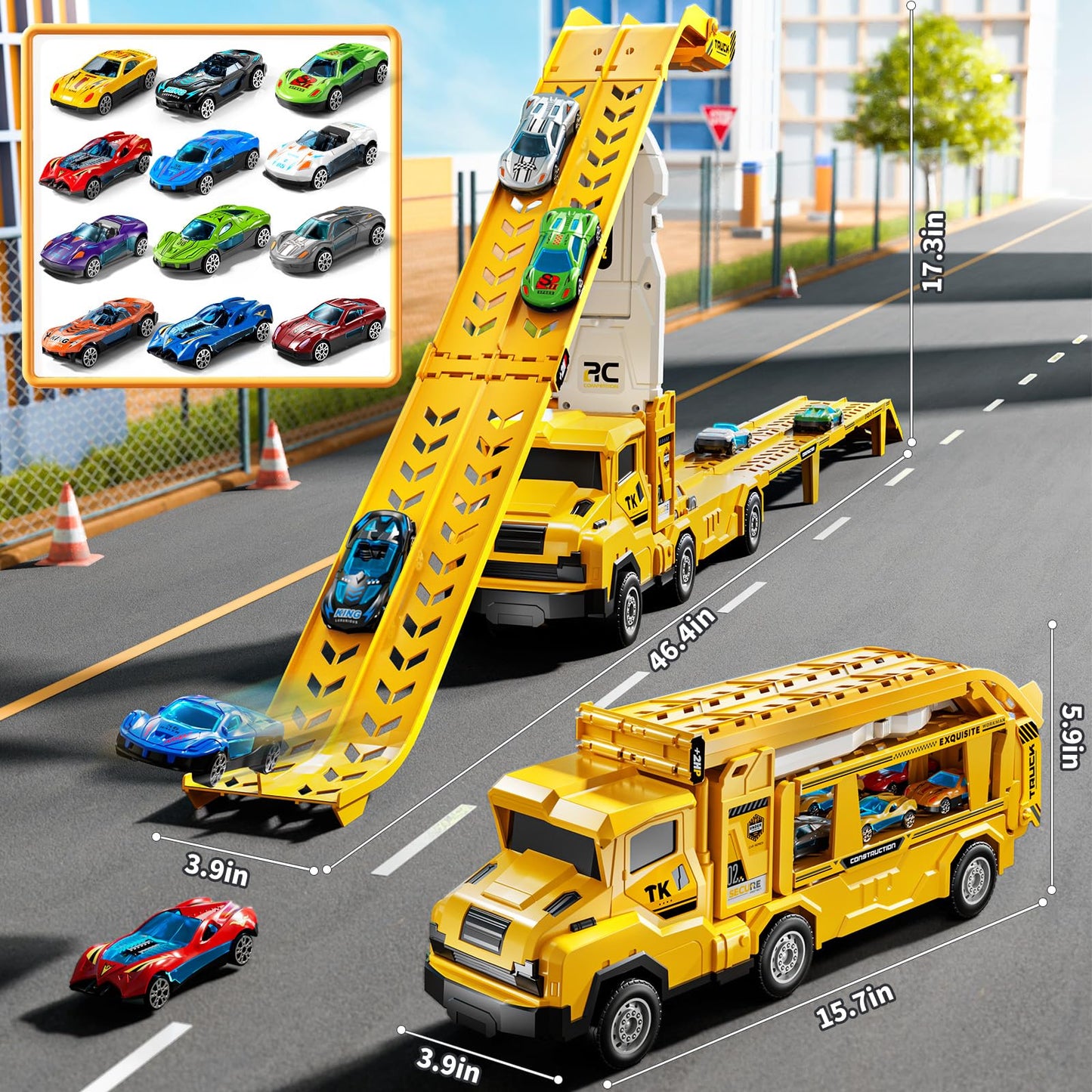XINNOVEL Toddler Car Truck Toys for 3 4 5 6 7 8 Years Old Boys, Transporter Truck Toy Track Set with 12 Die-Cast Car Toys, Toy Gifts for 3 4 5 6 Year Old Boys Kids