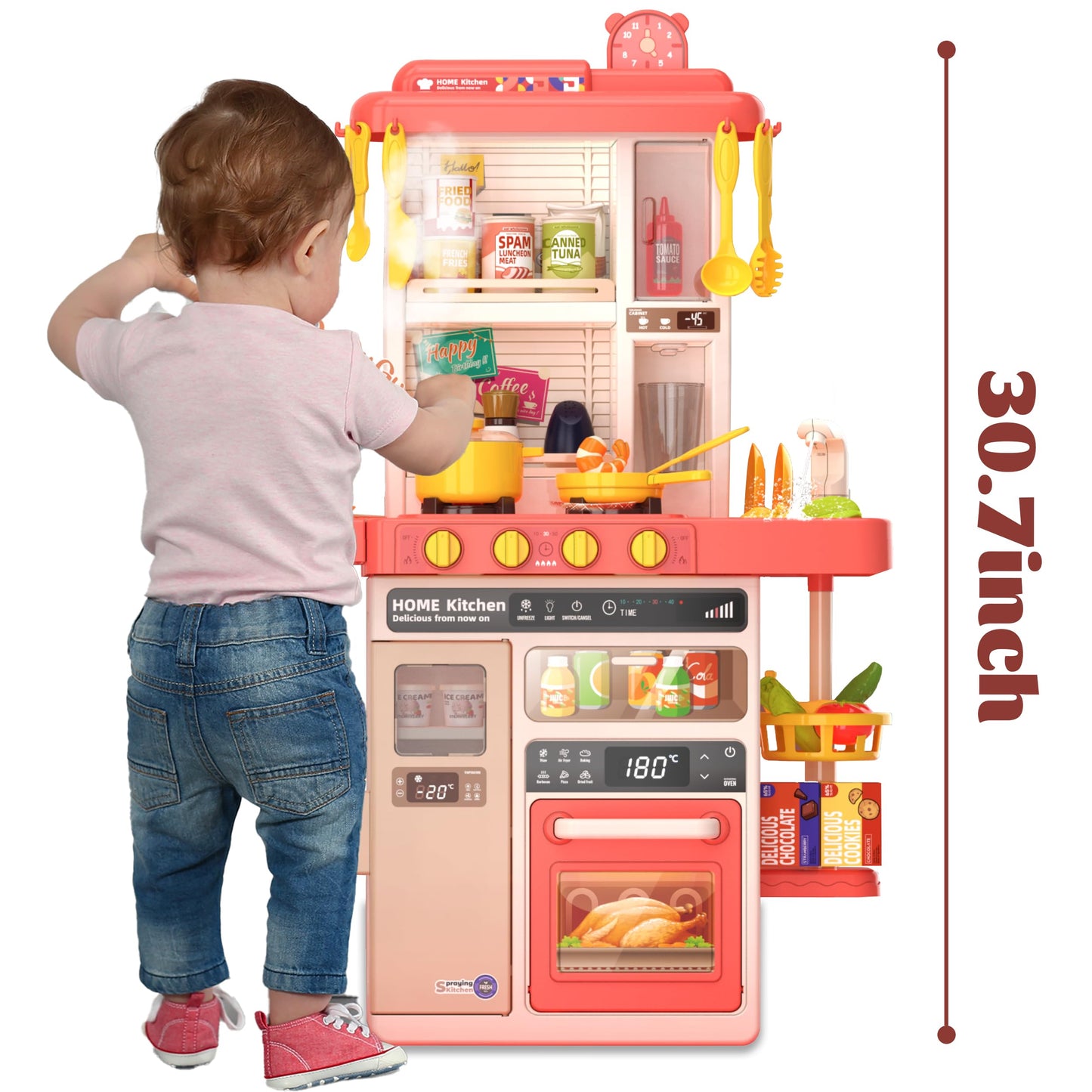 Kids Kitchen Play Set，Interactive Kids Kitchen Play Set with 50Pcs of Pretend Kitchen Toys，Realistic Sound Effects，and Simulated Functionality - Suitable for Toddlers Aged 3-5 Years(Pink)