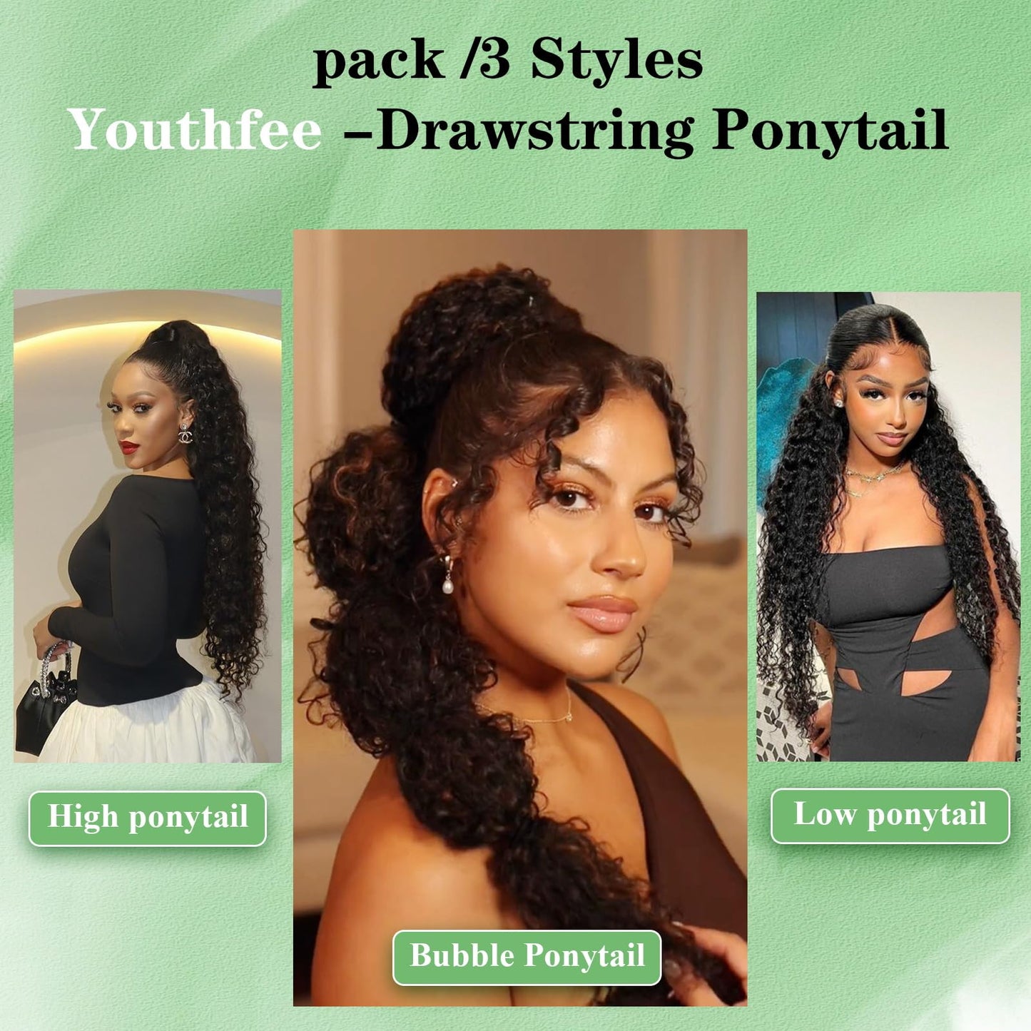 Youthfee 27” Drawstring Ponytail Deep Curly Heat Resistant Human Hair Blended Instant Clip Ponytail Extension Protective Style Afro Kinky Curly Hair Pieces for Women