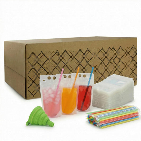 C CRYSTAL LEMON 400PCS Drink Pouches with 400 Straws – Reusable Juice and Smoothie Bags with Zipper Seal – BPA-Free Stand-Up Plastic Pouches for Party, Travel, Camping & Bulk Drinks