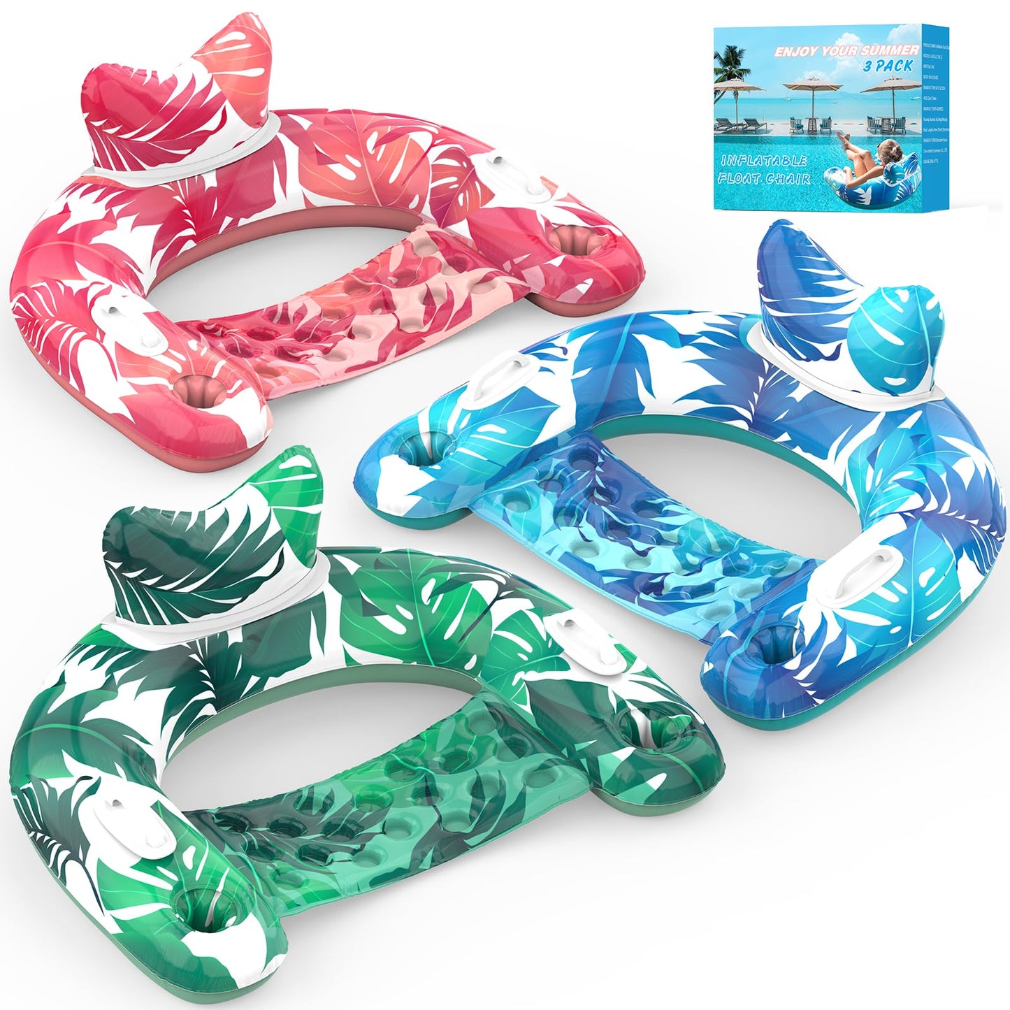 KEUCL Pool Floats, 3 Pack Inflatable Float Chairs with Cupholders & Handles, Pool Floats Adult & Kids Perfect for Pool Lake & Rivers, Pool Toy Party, Relaxing Inflatable Chair for Swimming Pool
