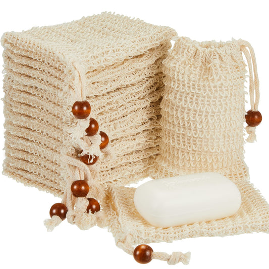 Cunhill 80 Pack Sisal Soap Saver Bag Exfoliating Soap Pouch with Drawstring Bar, Wooden Bead Foaming and Drying Exfoliating Net for Bath and Shower