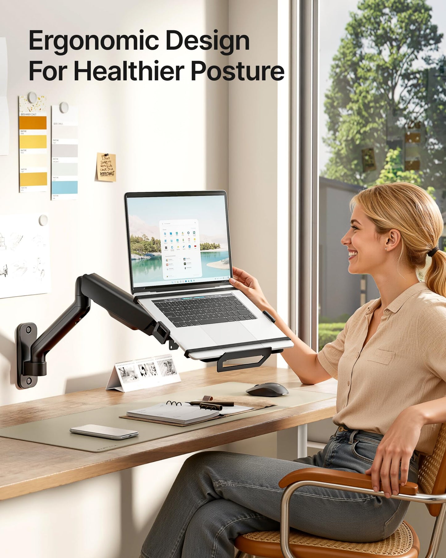 monTEK Laptop Arm Wall Mount, 2-in-1 Full Motion Monitor & Laptop Stand with Adjustable Tray, Fits Max 18" Notebook and 32" Screen, Metal Ergonomic Single Monitor Holds Up to 19.8lbs