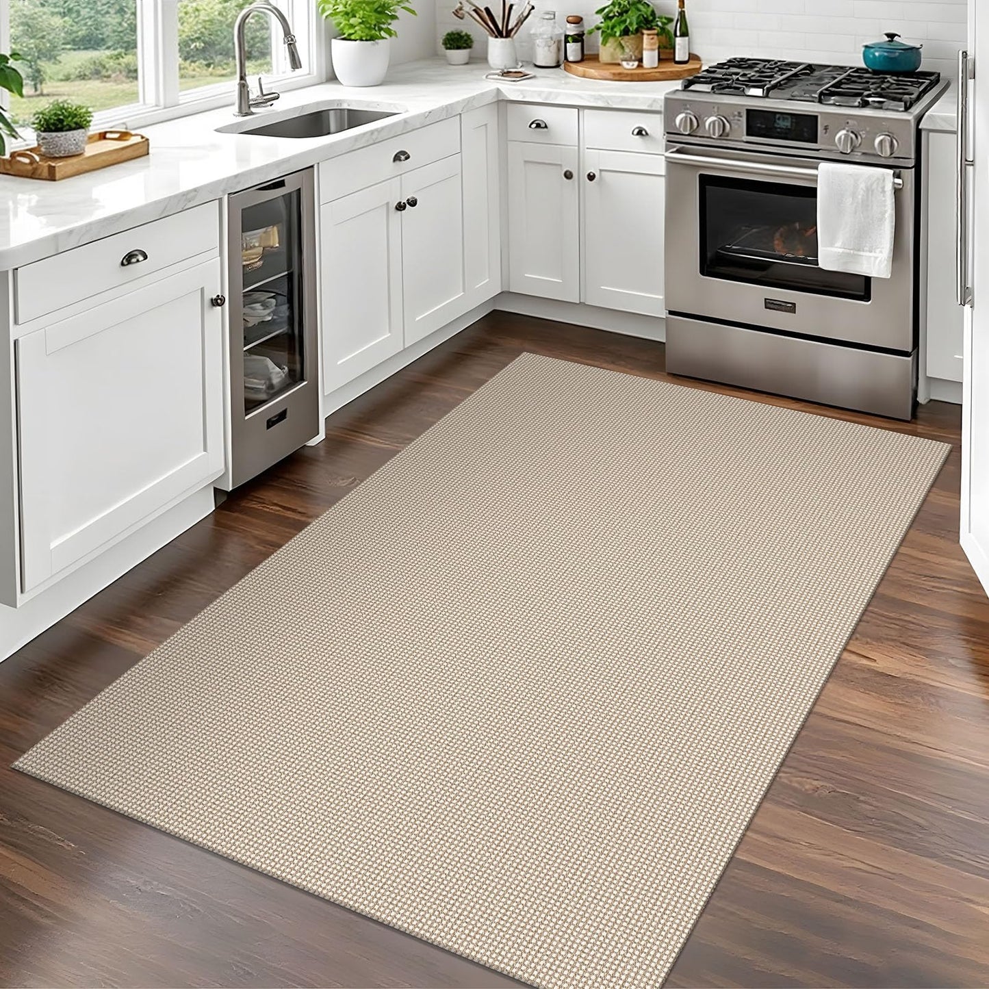 EARTHALL Woven Area Rug 3x5 Ft Washable Rugs for Entryway Braided Non Slip Rubber Backed Throw Rugs Door Mat Indoor Outdoor Entrance Cotton Carpet for Kitchen Foyer Front Door, Beige/Ivory