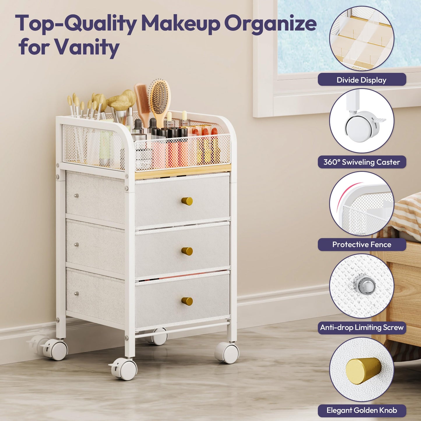 SWTYMIKI Rolling Makeup Organizer Cart - Under Desk Vanity Makeup Storage with 3 Non-woven Drawers, Nail Cart Organizer Cosmetic Display Cases Cabinet for Skin Care Perfume Nail Polish Brush Hair Tool