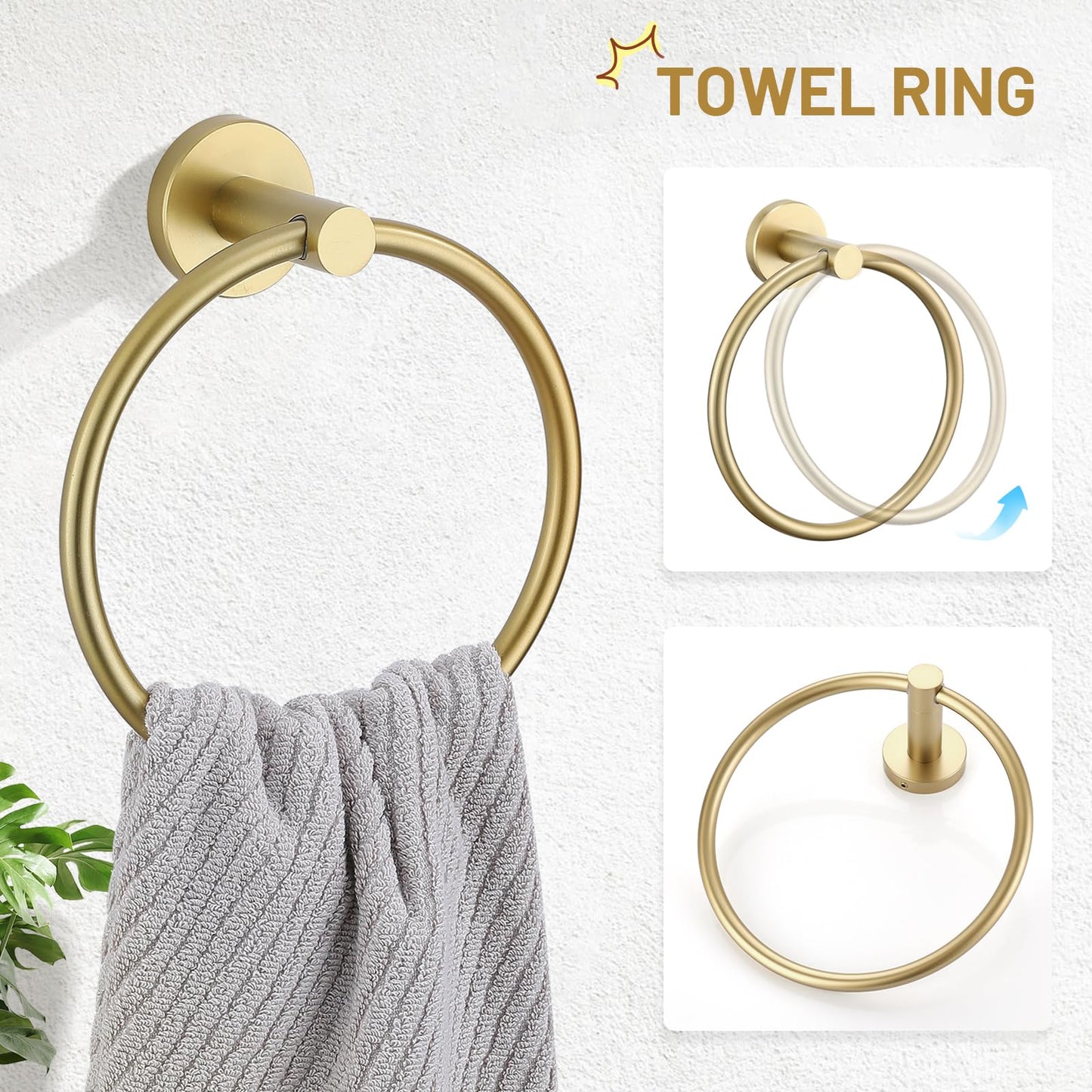 TURS Brushed Gold 5 Piece Bathroom Hardware Set, SUS304 Stainless Steel Bath Towel Bar Set, 23.6 Inch Round Bathroom Accessories Kit Wall Mounted