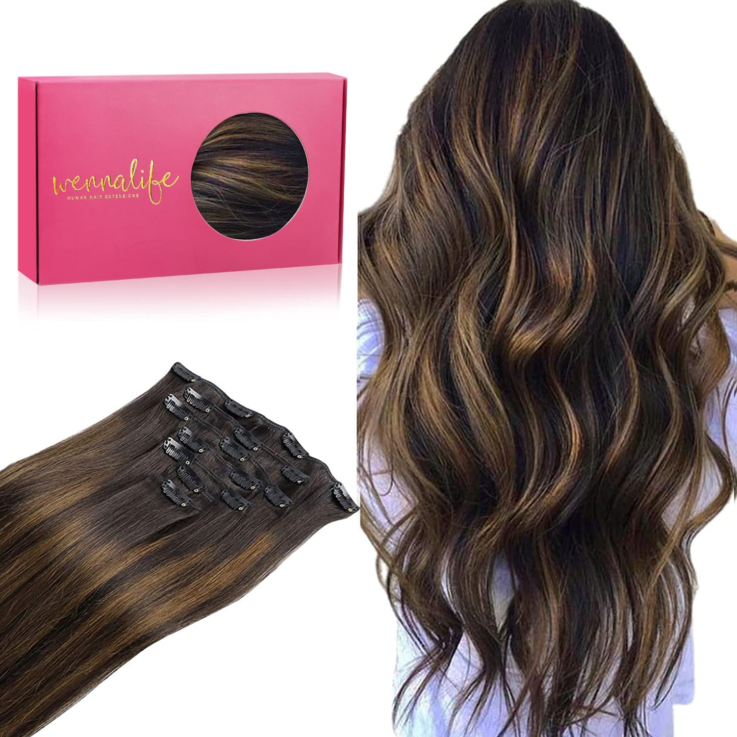 WENNALIFE Clip in Hair Extensions Real Human Hair, 14 Inch 120g 7pcs Dark Brown to Chestnut Brown Balayage Hair Extensions Clip In Human Hair Remy Clip in Hair Extensions Real Human Hair Double Weft