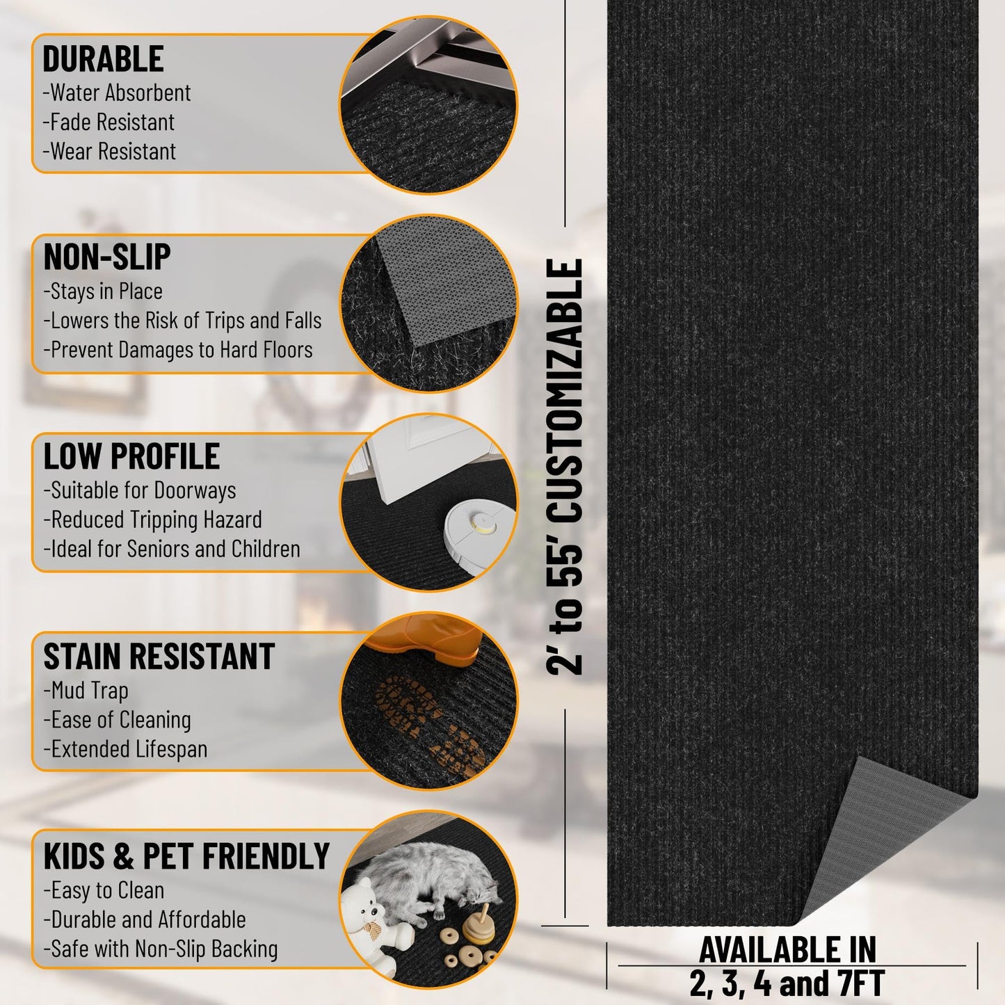 Ottomanson 2'7" x 12' Hallway Runner with Scraper Pile - Extra Durable Non-Slip Rug Mat for Indoor & Outdoor Use - Ideal for Kitchen, Entryway & Garage - High-Traffic Carpet, Black
