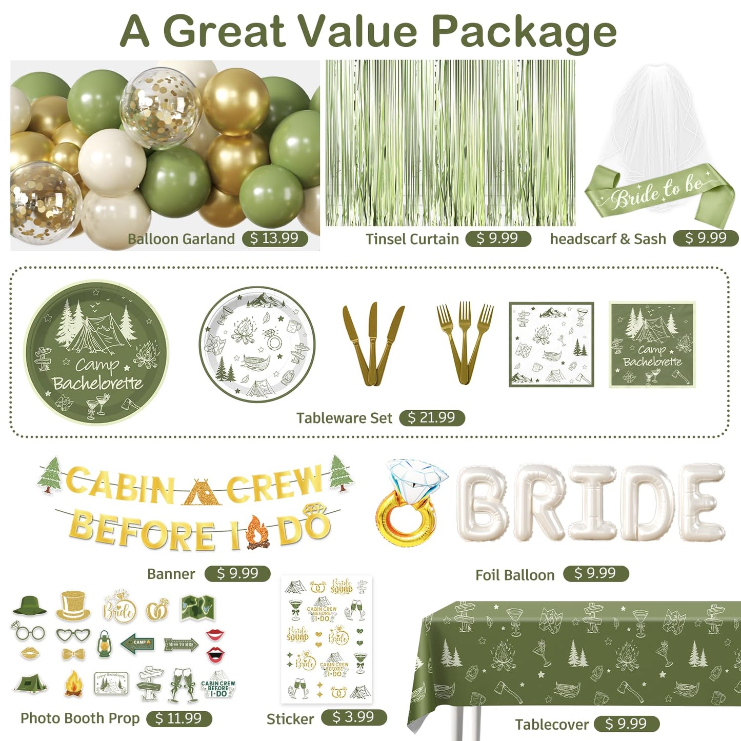 cocomigo 244 PCS Camp Bachelorette Decorations, Hassle-Free One-Stop Set for 25 Guests, With Balloon, Banner, Photo Props, Tattoos, Plates and Napkins, Easy Setup for Camp Bachelorette Party