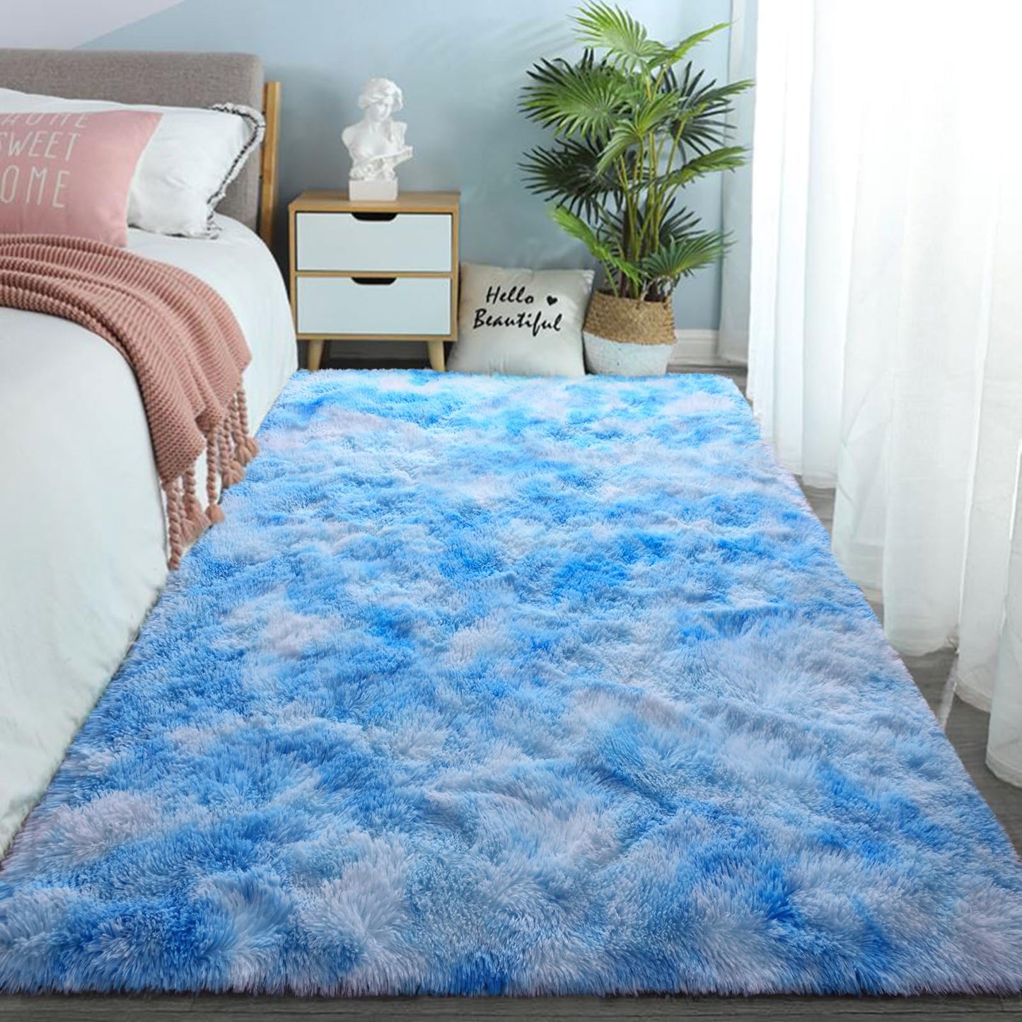 DweIke Fluffy Blue Shag Rugs for Bedroom Living Room, 6x9 Large Soft Plush Tie-Dyed Light SkyBlue Girls Boys Kids Rug, Upgraded Non-Slip and Machine Washable Carpet for Dorm Nursery Classroom Decor