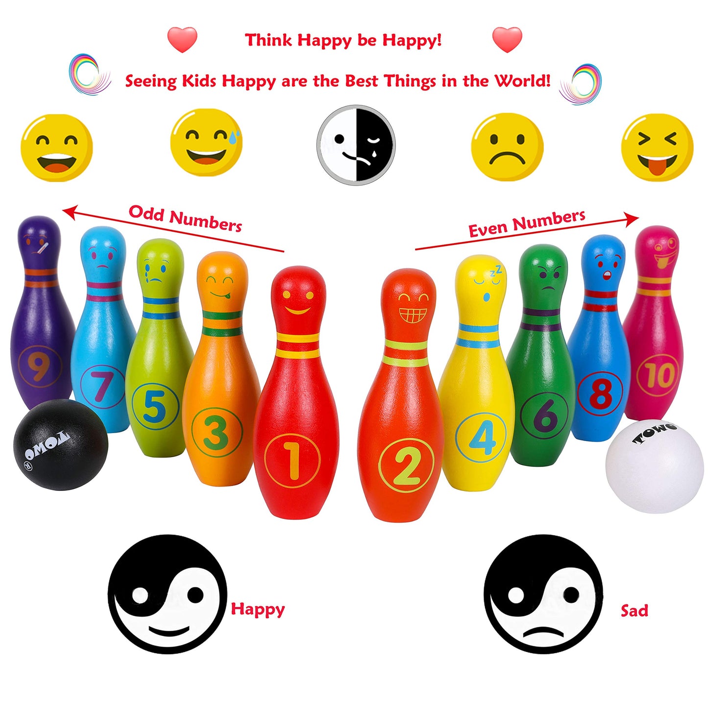 TOWO Wooden Skittles for Children - Wooden Skittle Set with Animal Faces and Numbers - 10 Pin Bowling Set for Kids - Wooden Toys for 2 Year Old