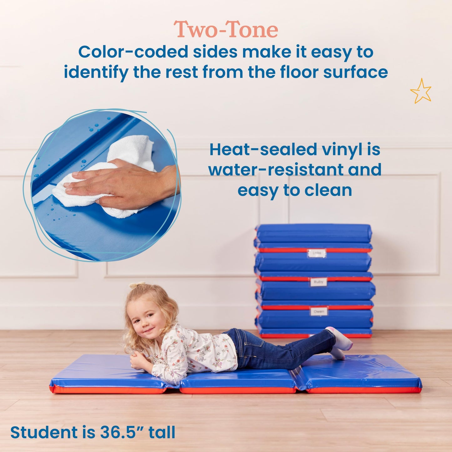 ECR4Kids Premium Folding Rest Mat, 3-Section, 2in, Sleeping Pad, Blue/Red
