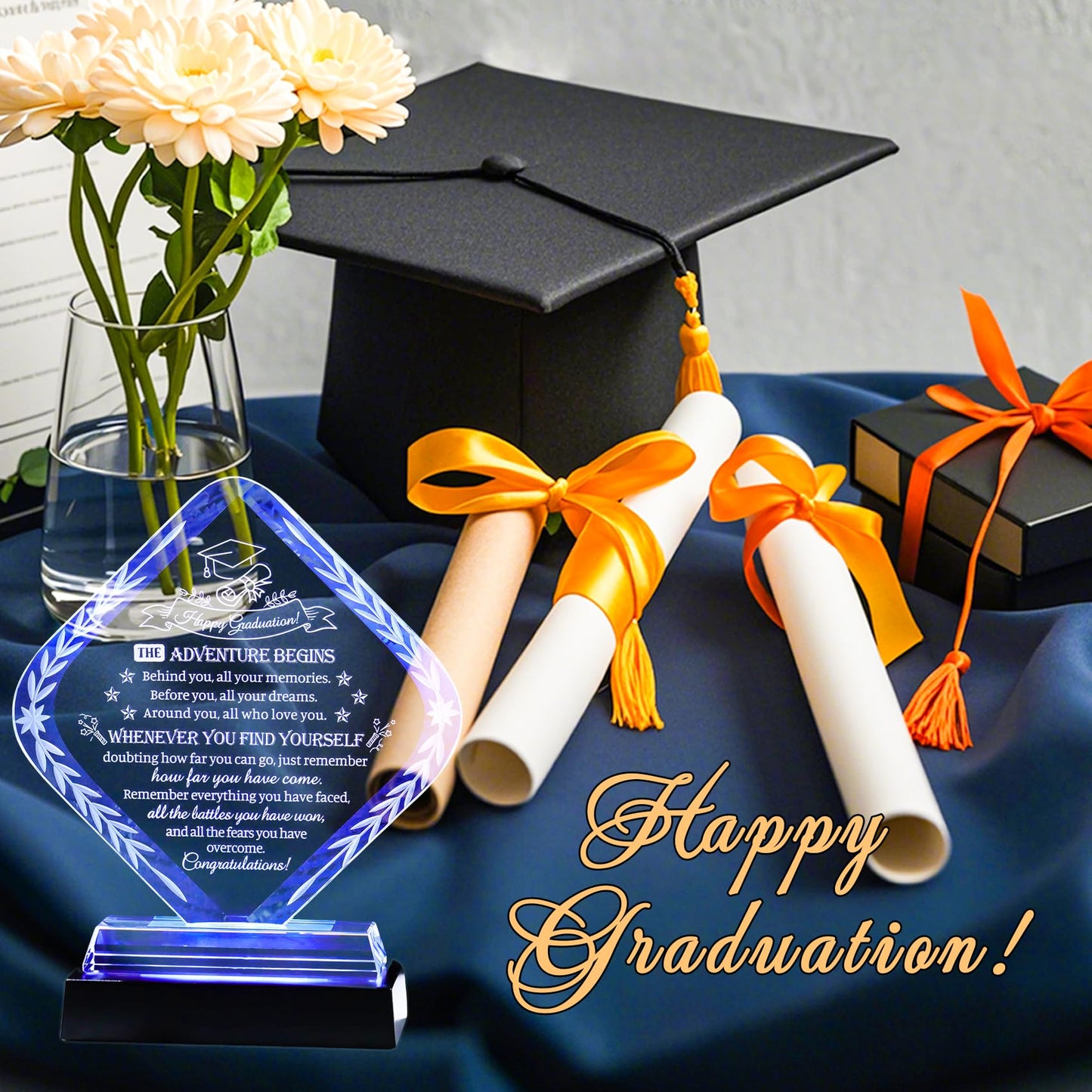Movdyka Graduation Gifts for Women Men Crystal Plaque Keepsakes, Class of 2026 Graduation Gifts for Her Him Female High School College Masters Degree Phd Decor (Rhombus with Light Base)