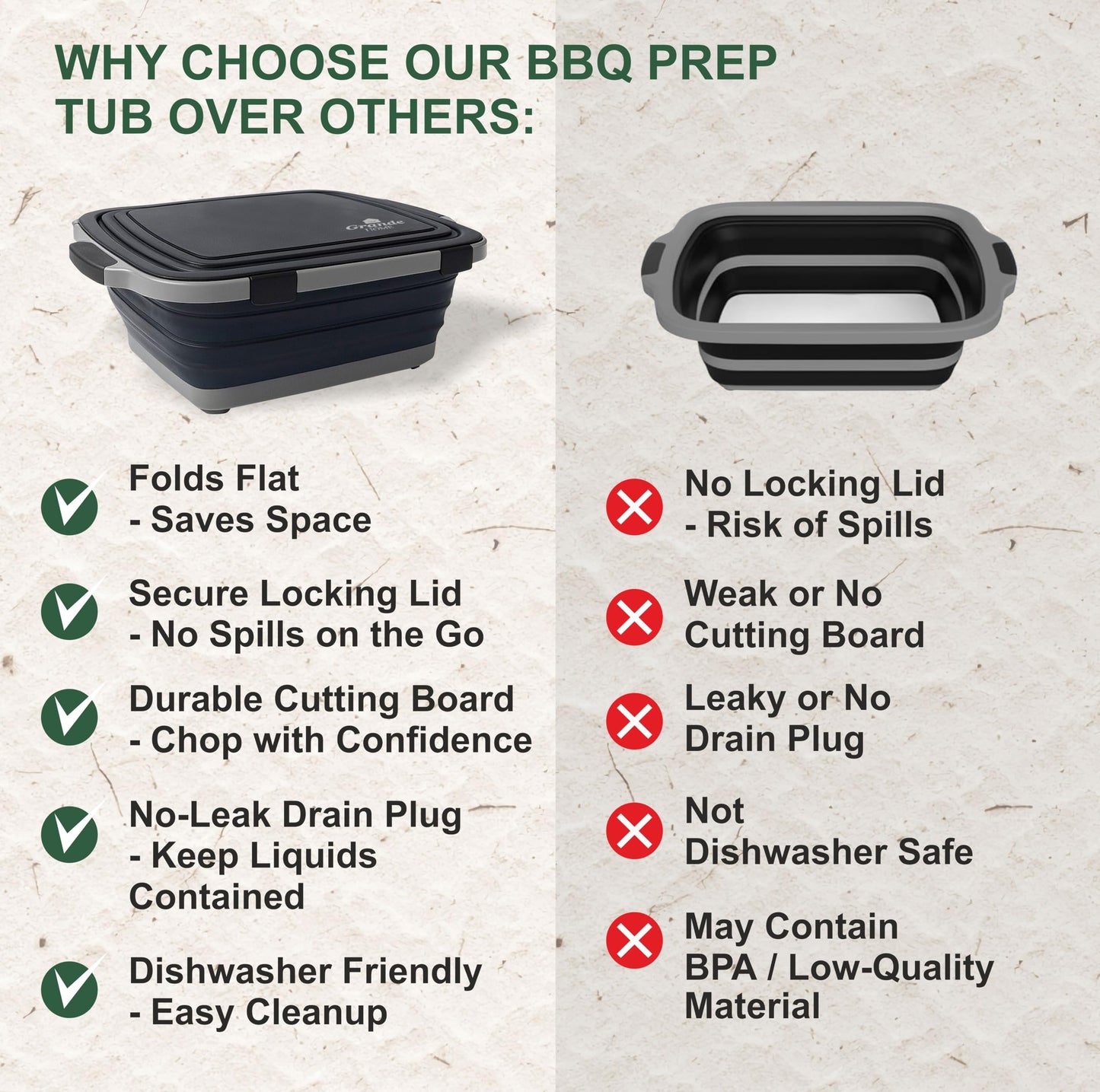 BBQ Prep Tub Collapsible X-Large with Cutting Board, Locking Lid – Meal Prep Food Prep Containers with Lids for Resting Meat –3 Adjustable Height - Ideal for Camping, Picnic, Dish Basin