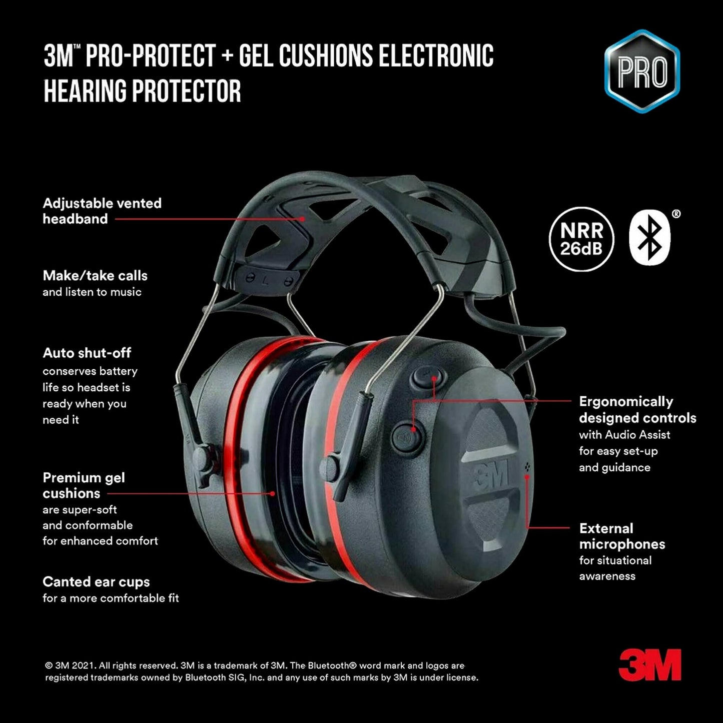 3M Pro-Protect + Gel Cushions Electronic Hearing Protector, Noise Reduction Rating (NRR) 26 dB, Bluetooth Ear Muffs, High-Fidelity Speakers & Integrated Microphone, Premium Gel Cushions (90545-SIOC)