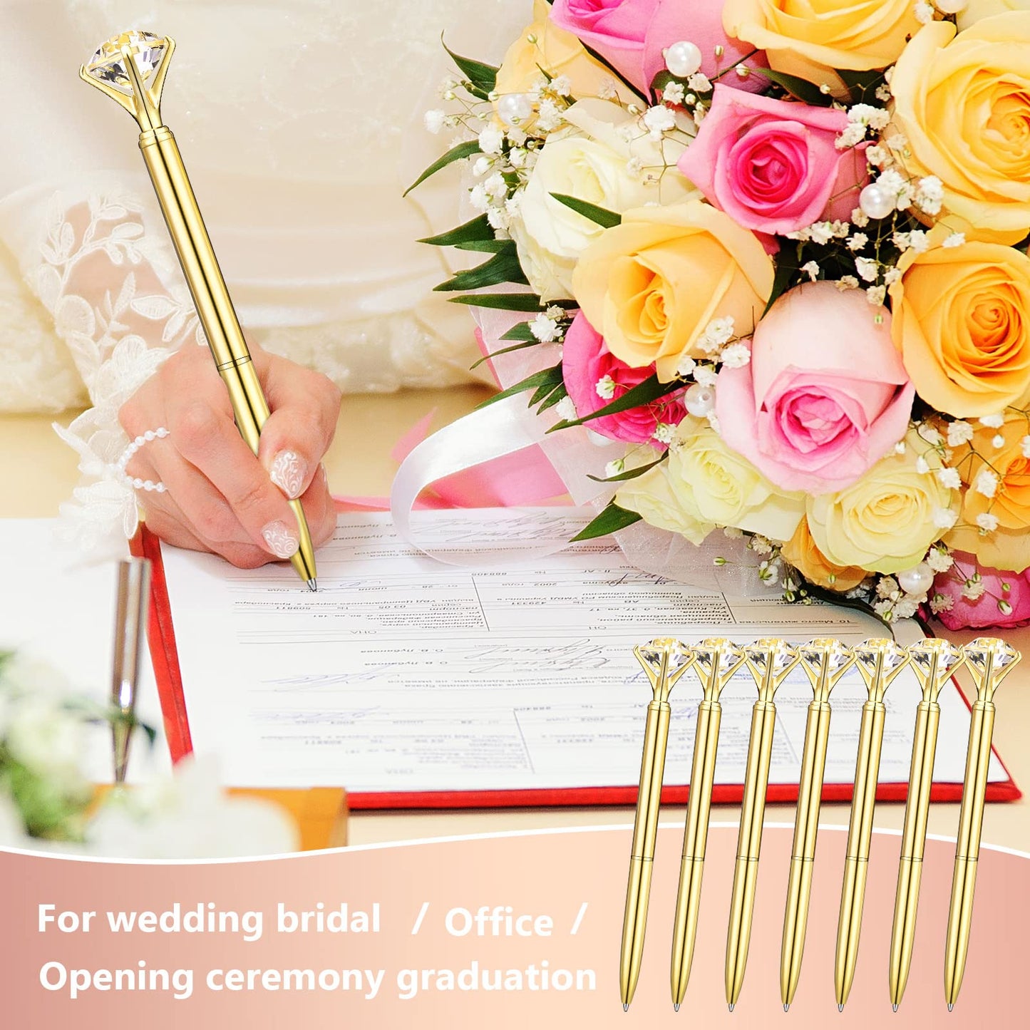 Leinuosen 50 Pcs Bulk Diamond Pens with Crystal Bridal Shower Gifts Metal Bling Ballpoint Pens with Black Ink for Bridal Shower Wedding Party Office School (Gold)