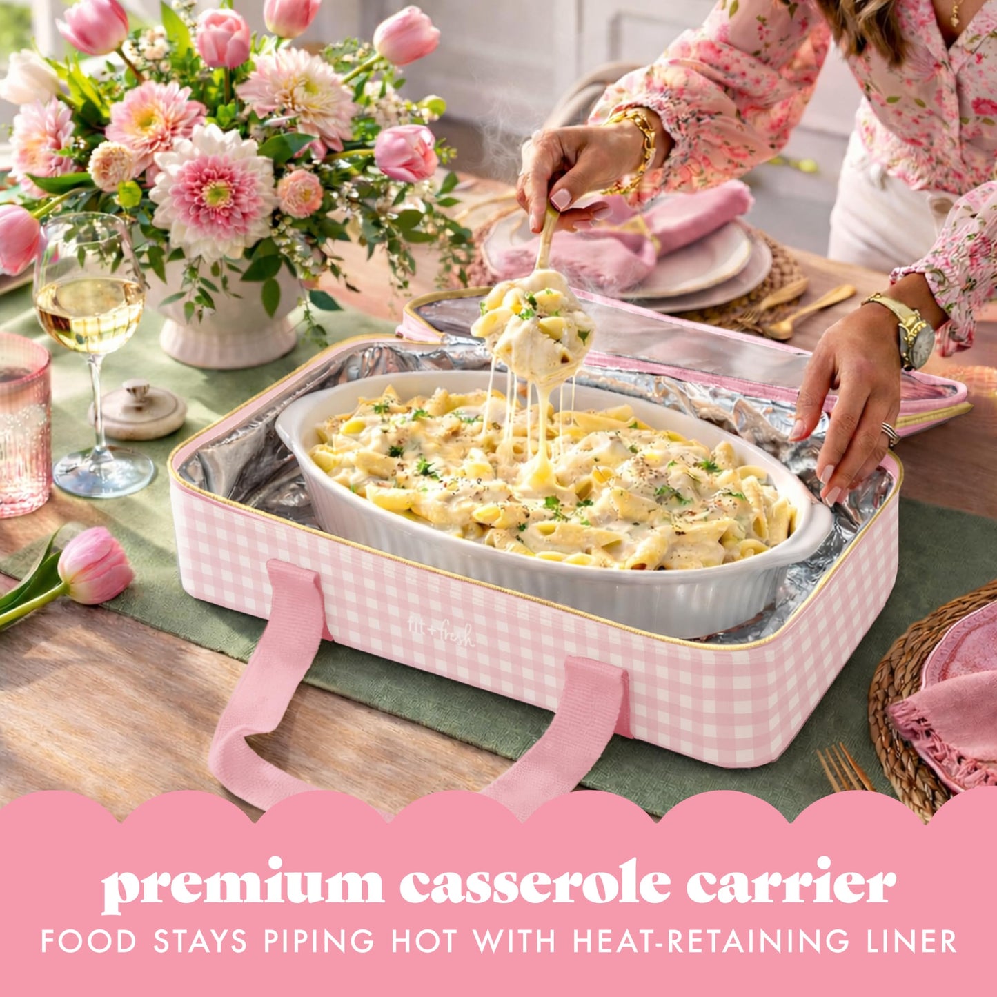 Fit & Fresh Insulated Casserole Carrier - Double Decker Food Carrier Fits Two 9x13 Dishes, Expandable Hot & Cold Food Transport Bag with Zipper Pocket for Potluck, Easter & Travel, Pink Gingham