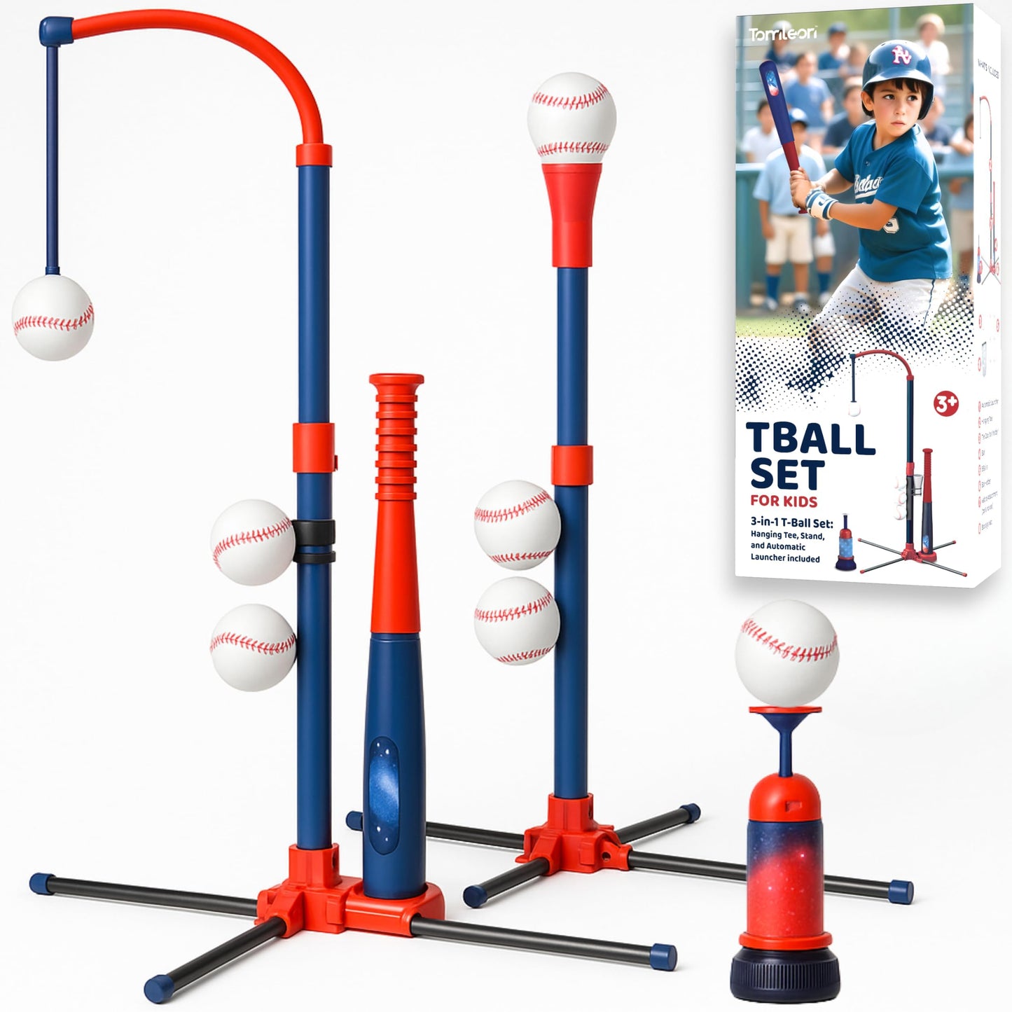 TOMLEON 3-in-1 Baseball Set for Kids 3-5 - Tee Ball Stand, Hanging Tee, Ball Launcher and 6 Softballs - Adjustable Height, Indoor/Outdoor Sport Gifts for Boys