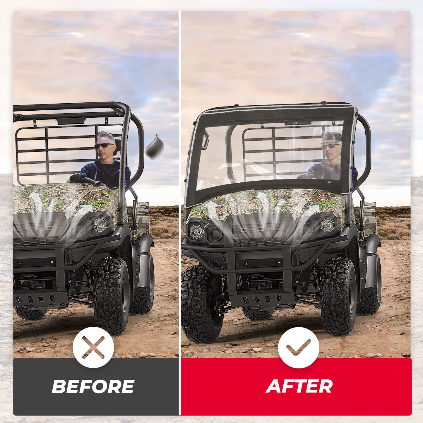 KEMIMOTO UTV Windshield Compatible with Kawasaki Mule 600 Mule 610 4x4 XC SE 2005-2016 Clear Fold Up Window UTV Full Front Windshield Accessories