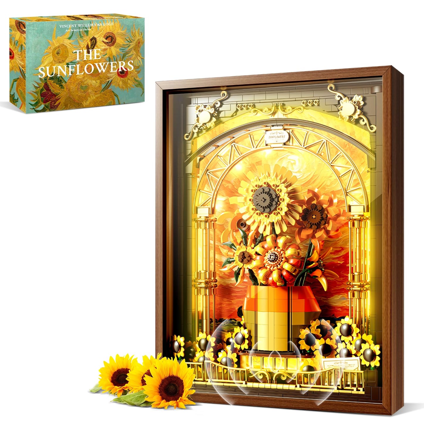 Flowers Sunflower Building Set for Adults 1218PCS with Smart Motion Sensor Lights Wall Art Home Decor Frame 2-in-1 Hanging or Standing Display LEGO Compatible Creative Botanical Gift for 14+ Women Men
