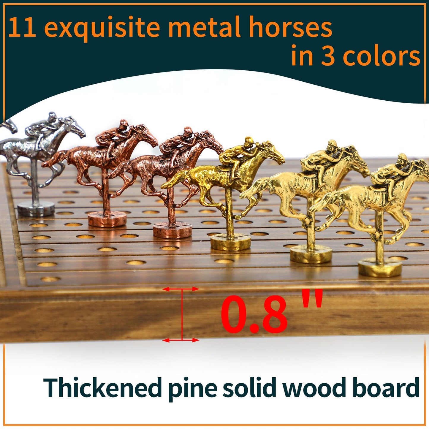 Jyquorp Horse Race Board Game Racing Game Solid Wood with 11 Luxurious Durable Classic Metal Horses with 4 Dice and 2 Boxes of Cards Finish Line Horse Racing Game (Rustic Brown)