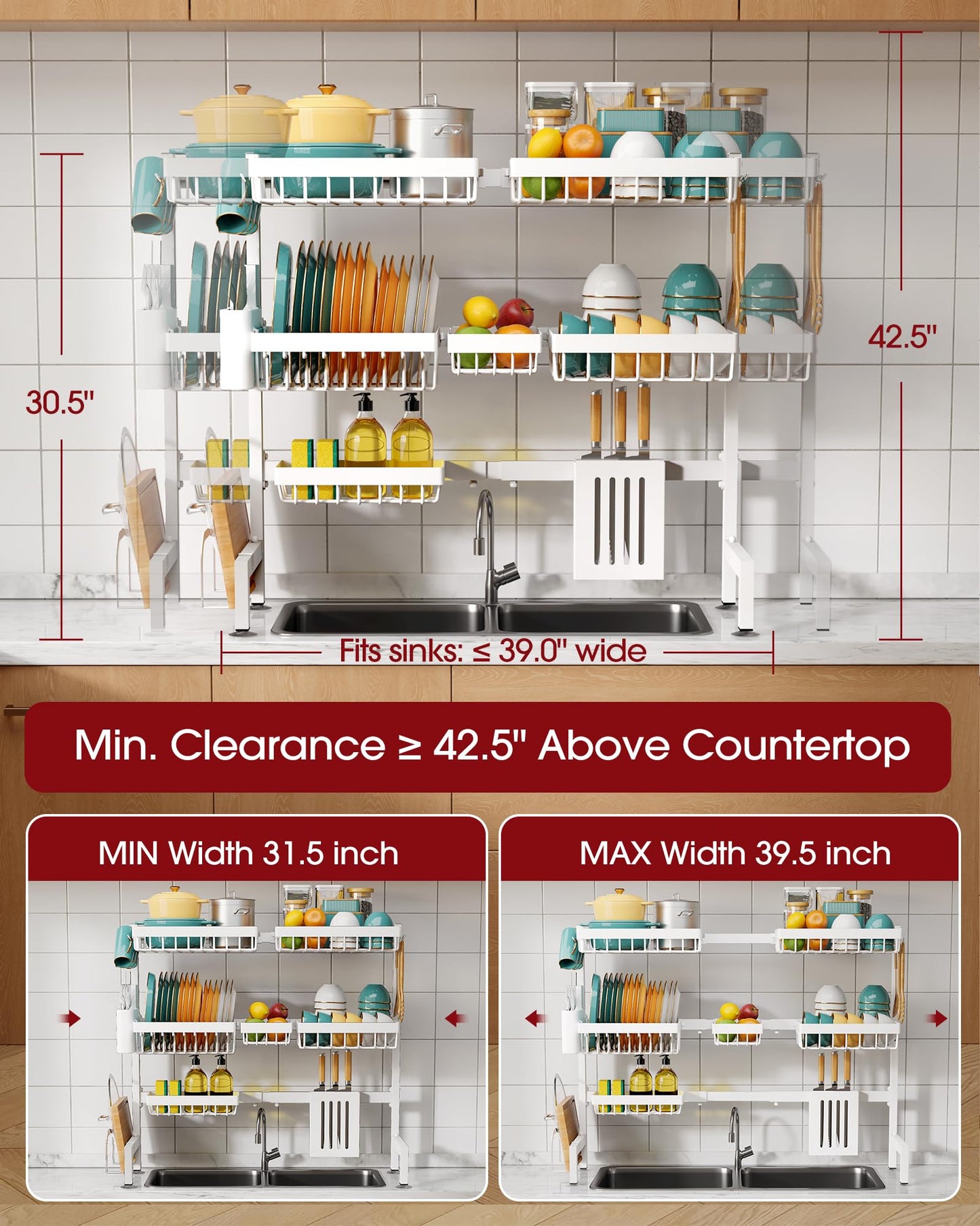 Sakugi Over The Sink Dish Drying Rack - Adjustable 3 Tier XX-Large Capacity Stainless Steel Drainer with Cutlery & Utensil Holders, Kitchen Storage & Organization, 31.5"-39.5"L x 12"W x 30.5"H, White