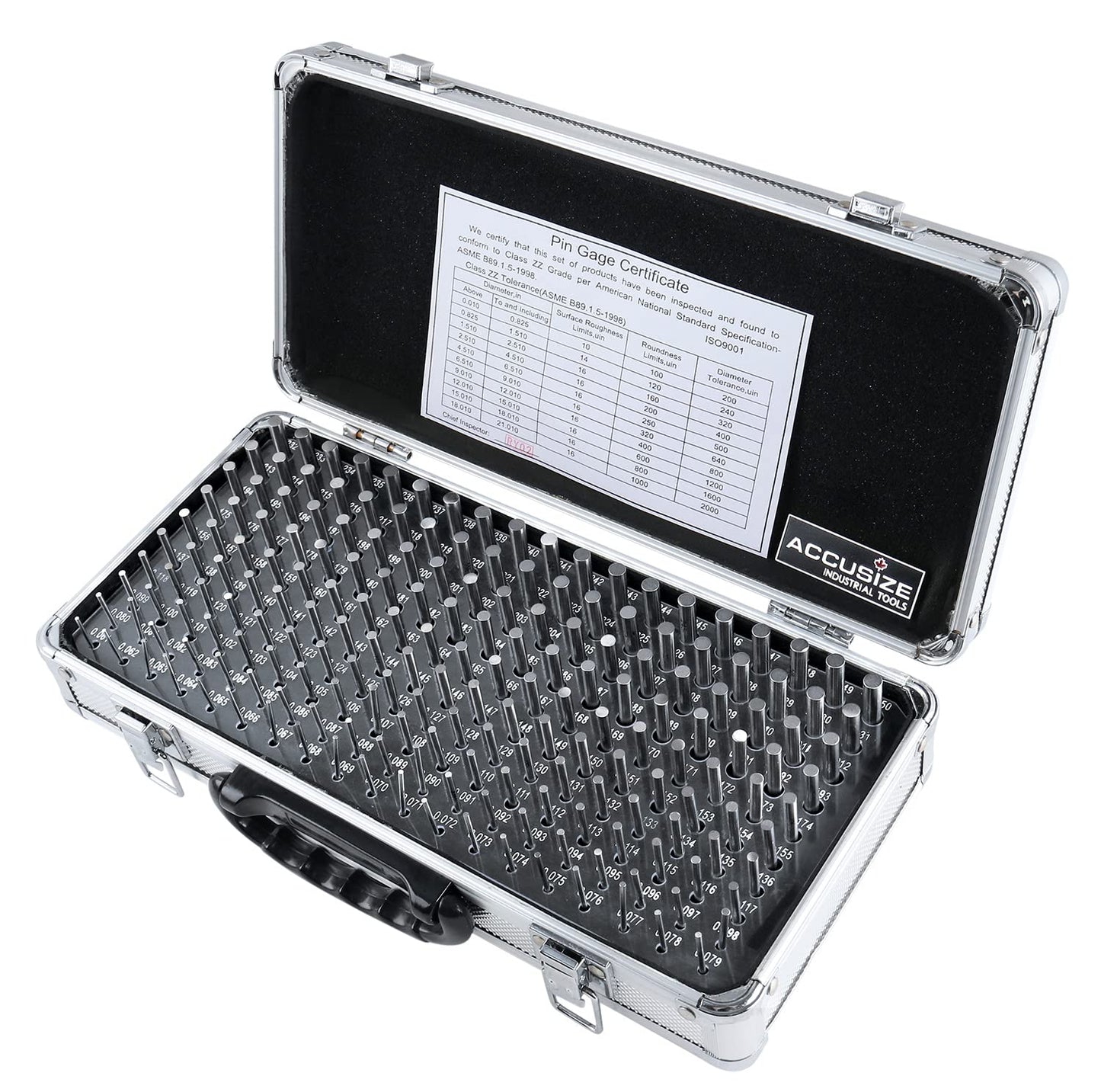 Accusize Industrial Tools - 190 Pc Precision Minus Class ZZ Pin Gauge Set, 0.061" to 0.250", 2" Length, Heat Treated, 60-62 RC, with Aluminum Case, M1(-) A