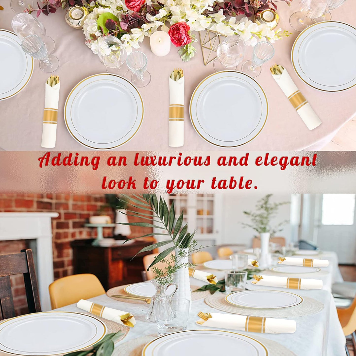 Dlebay 100 Pack Pre Rolled Gold Plastic Silverware Set,Wrapped Plastic Cutlery Set with Napkin Include 100 Forks,100 Spoons,100 Knives and 100 White Napkins for Party, Wedding,showers, Christmas