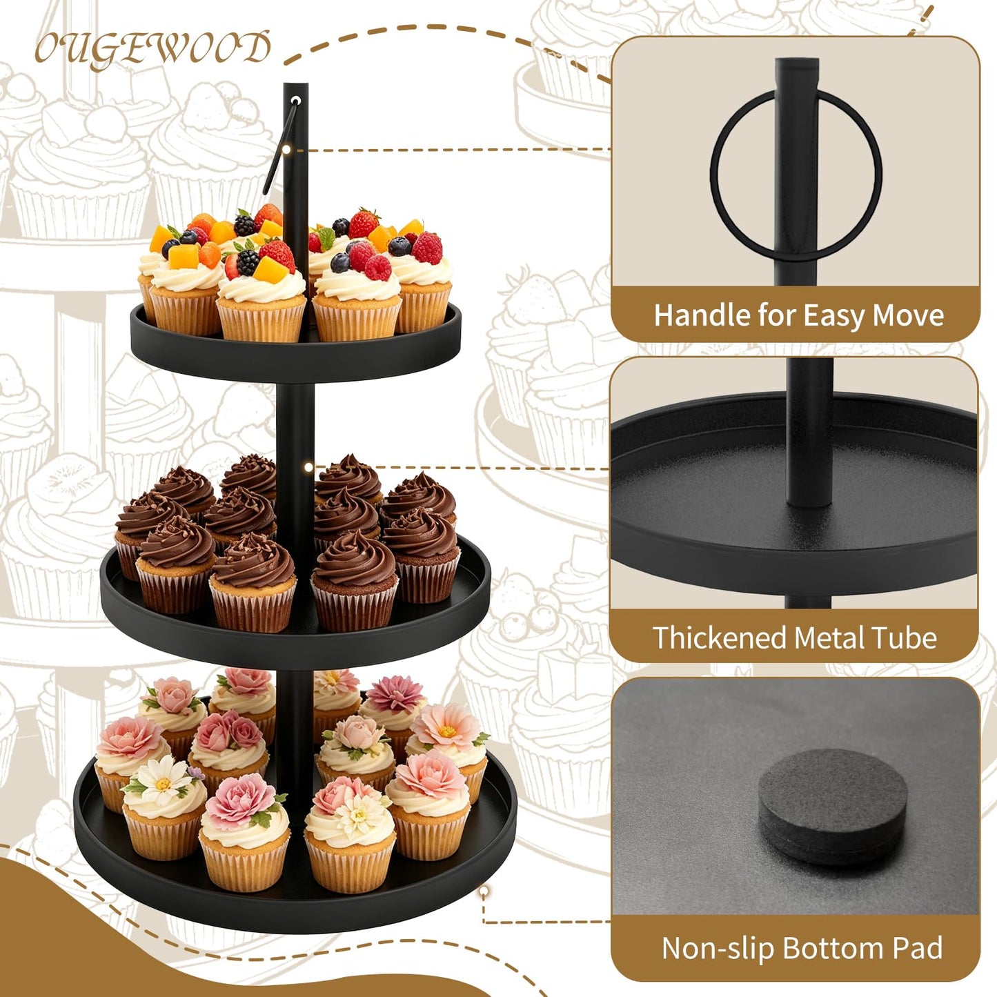 OugeWood Cupcake Stand for 50 Cupcakes,Cupcake Stand 2 PACK Metal 3 Tier Cupcake Tower Black Tiered Tray Stand Cupcake Holder Stand Cake Stand Serving Trays Dessert Stands with Handle for Party