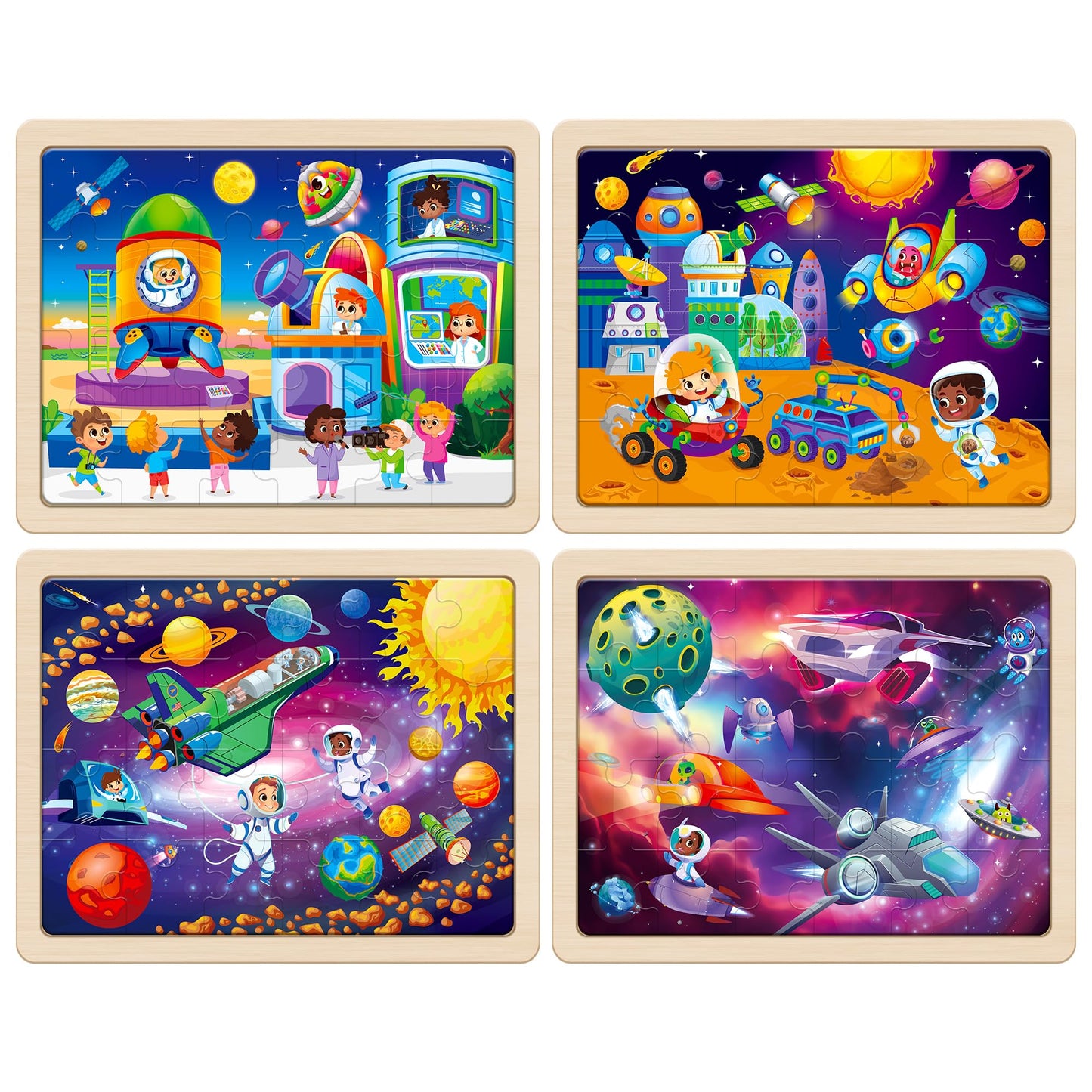 SYNARRY Wooden Space Planets Solar System Puzzles for Kids 3-5, 4 Packs 24 PCs Jigsaw Puzzles for Kids Ages 4-6, Preschool Toys Gifts for Kids, Wood Puzzles for 3 4 5 6 Year Old Boys Girls