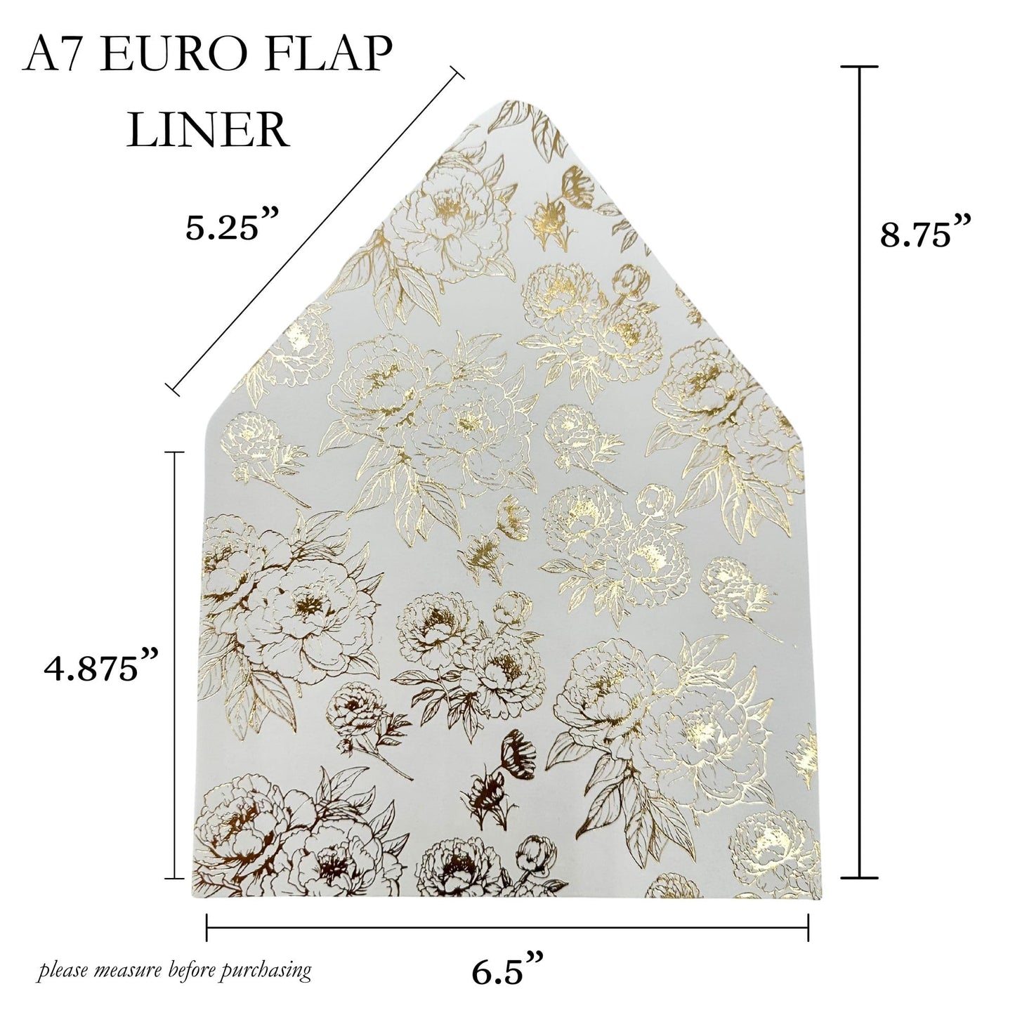 A7 Euro Flap Envelope Liners for 5x7 Insert, 50 Pack, Wedding Invitaion (Gold Foil Floral)