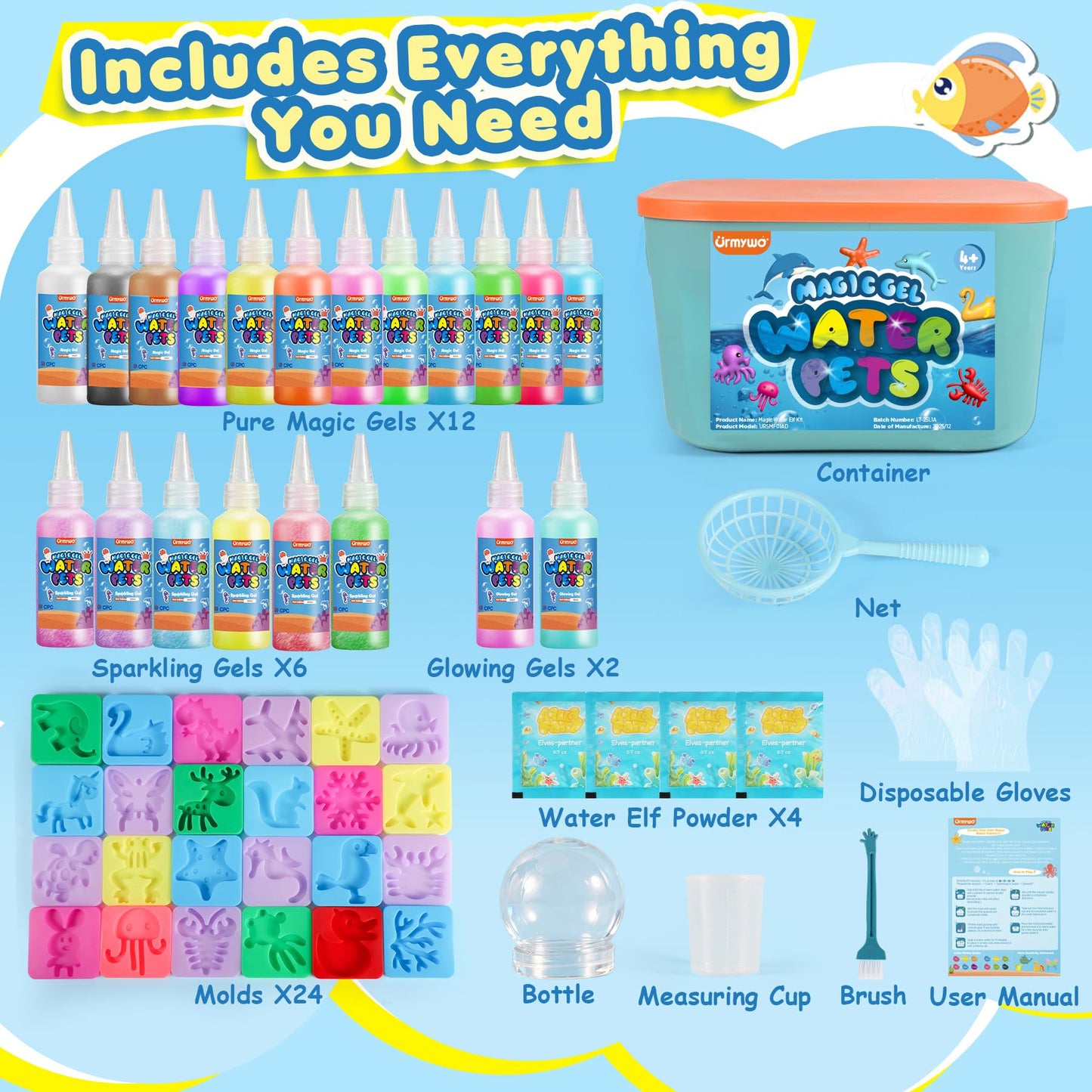 Magic Water Elf Toy Kit, Water Gel Kit Pets, 20 Gels & 24 Molds, Make Your Own Squishies Sensory Toys for Kids, DIY Craft Kits, Christmas Stocking Stuffers, 4 5 6 7 8 9 10 Year Old Boy Girl Gifts