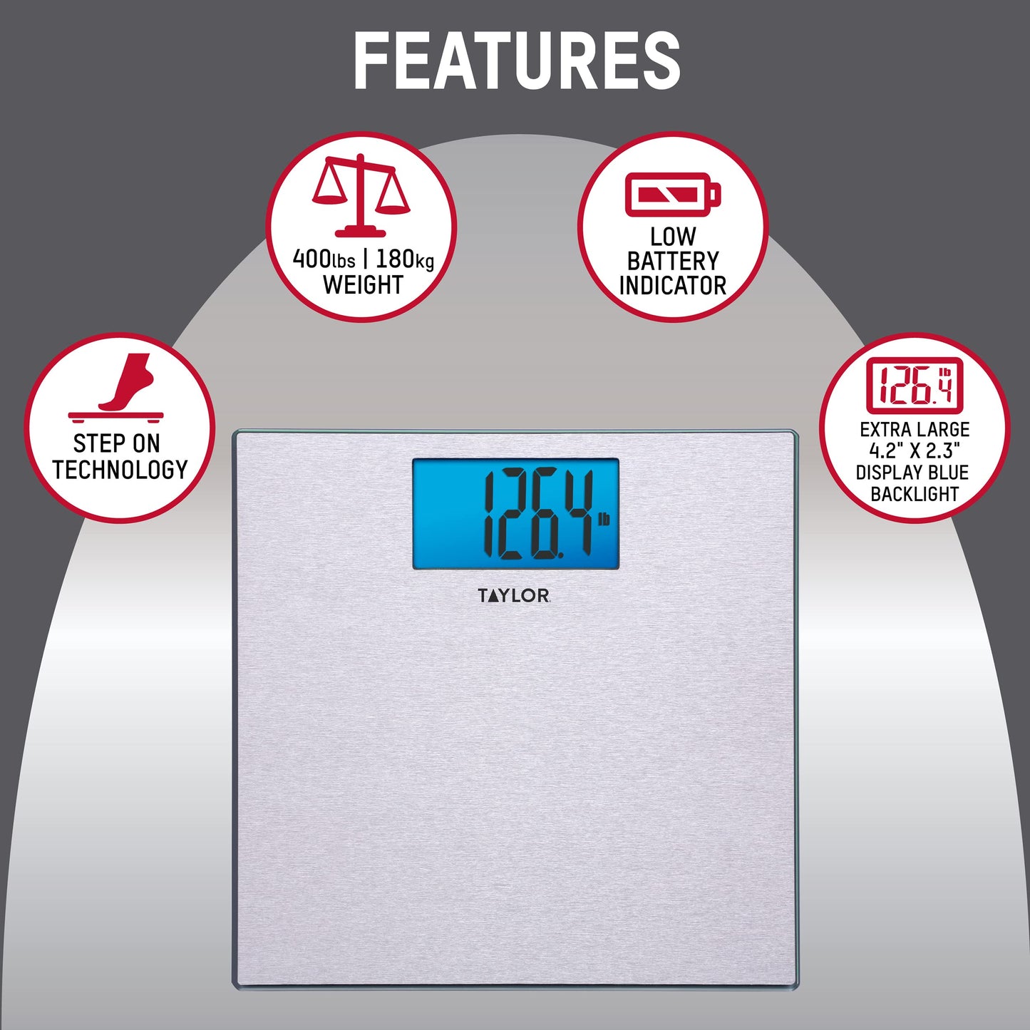 Taylor Digital Scales for Body Weight, Highly Accurate 400 LB Capacity, Unique Blue LCD, Auto on and Off Scale, 11.8 x 11.8Inches, Stainless Steel