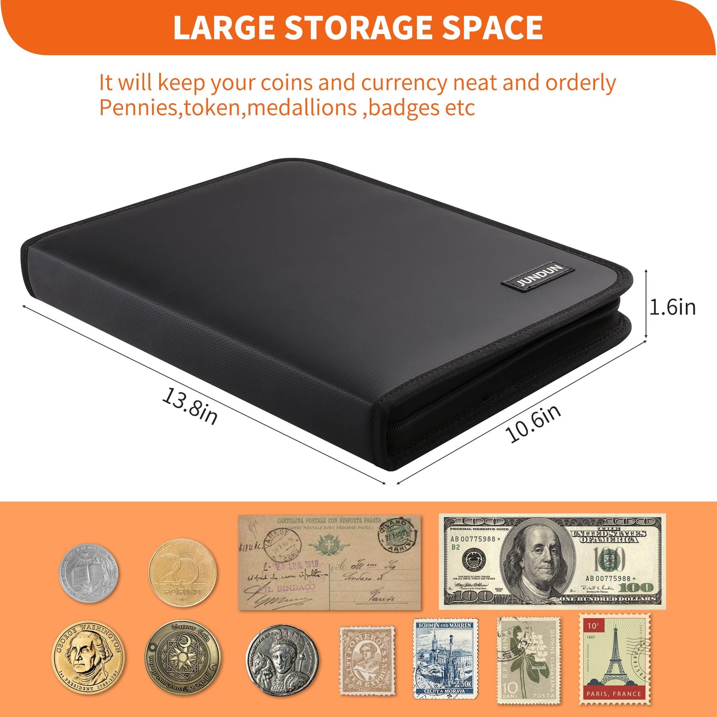 JUNDUN 5200℉ Coin Collection Book ，300 Pockets Fireproof Coin Albums for Collectors & 36 Sleeves Paper Money Binder Holder with Aluminum Foil Lining for Coin, Currency,Bill,Quarter and Stamp