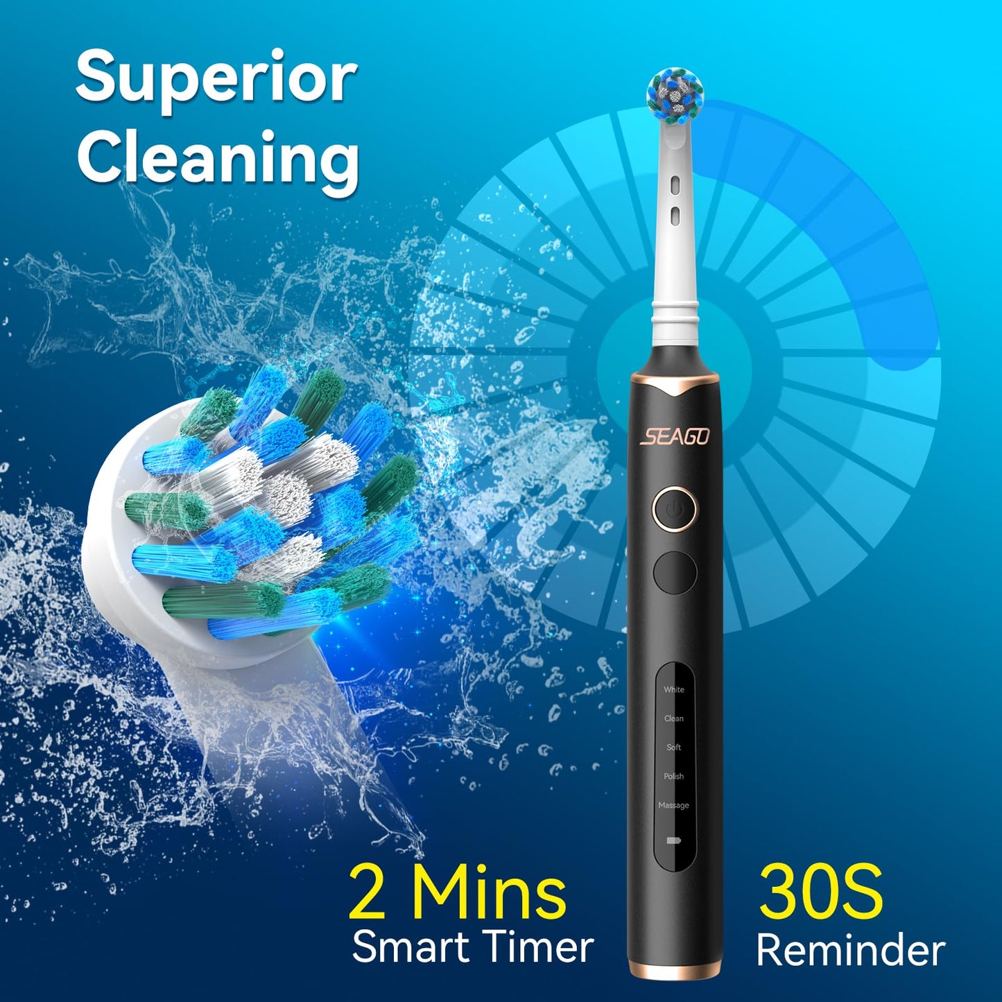 SEAGO Rotating Electric Toothbrush with 8 Round Brush Heads, with 5 Cleaning Modes, Sonic Technology Whitening Teeth in 14 Days, for Adult and Kids, SG-2603 (Blue)