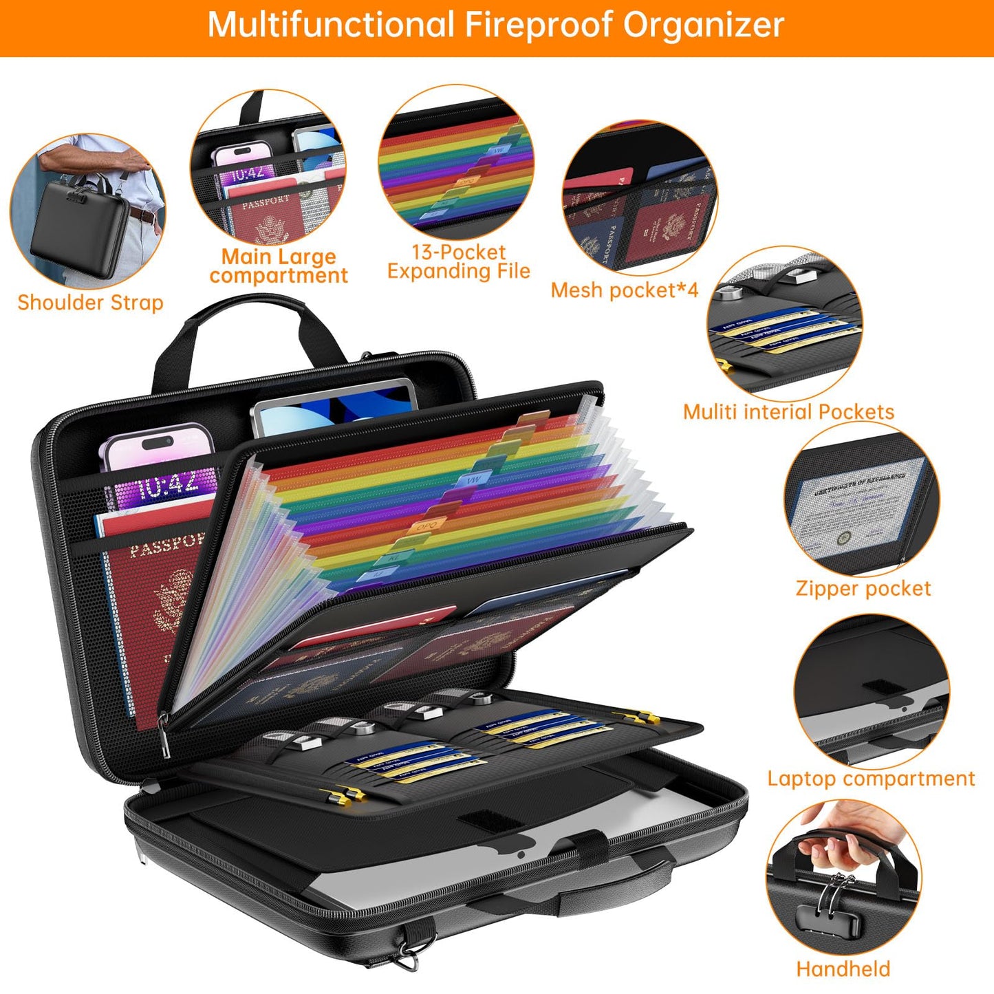 JHSafer Fireproof Document Organizer with Lock,Hard-Shell Case Fireproof Document Box with Shoulder Strap,Portable File Organizer with 13 Pocket Accordion File Folder for Files Laptop Black