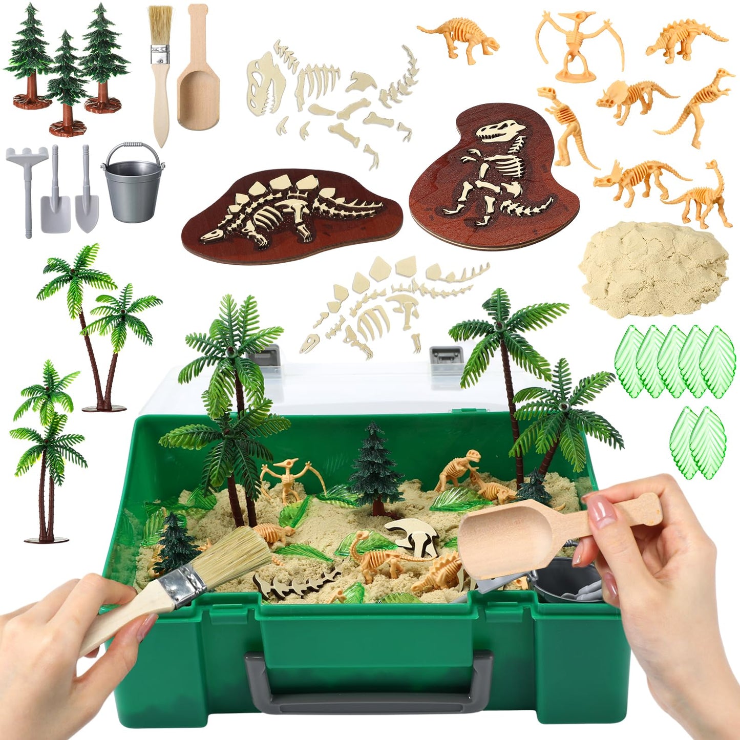 Jenaai Set of 47 Dinosaur Sensory Bin Dinosaur Sand Toy Dino Sensory Bin Box Storage Sandbox with Lid Sand for Winter Christmas DIY Making Kit Decorations Gifts Fillers Pretend Learning Activities