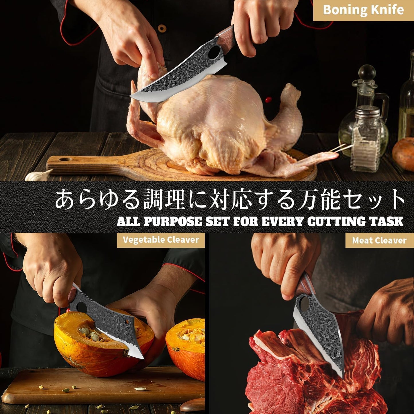 Huusk Butcher Knife Set of 3- Japanese Knife Set for Meat Cutting, Hand Forged Viking Knives Sets with Meat Cleaver, Heavy-Duty Kitchen Knives Sets for Bone BBQ Vegetable, Gift Idea for Men & Women