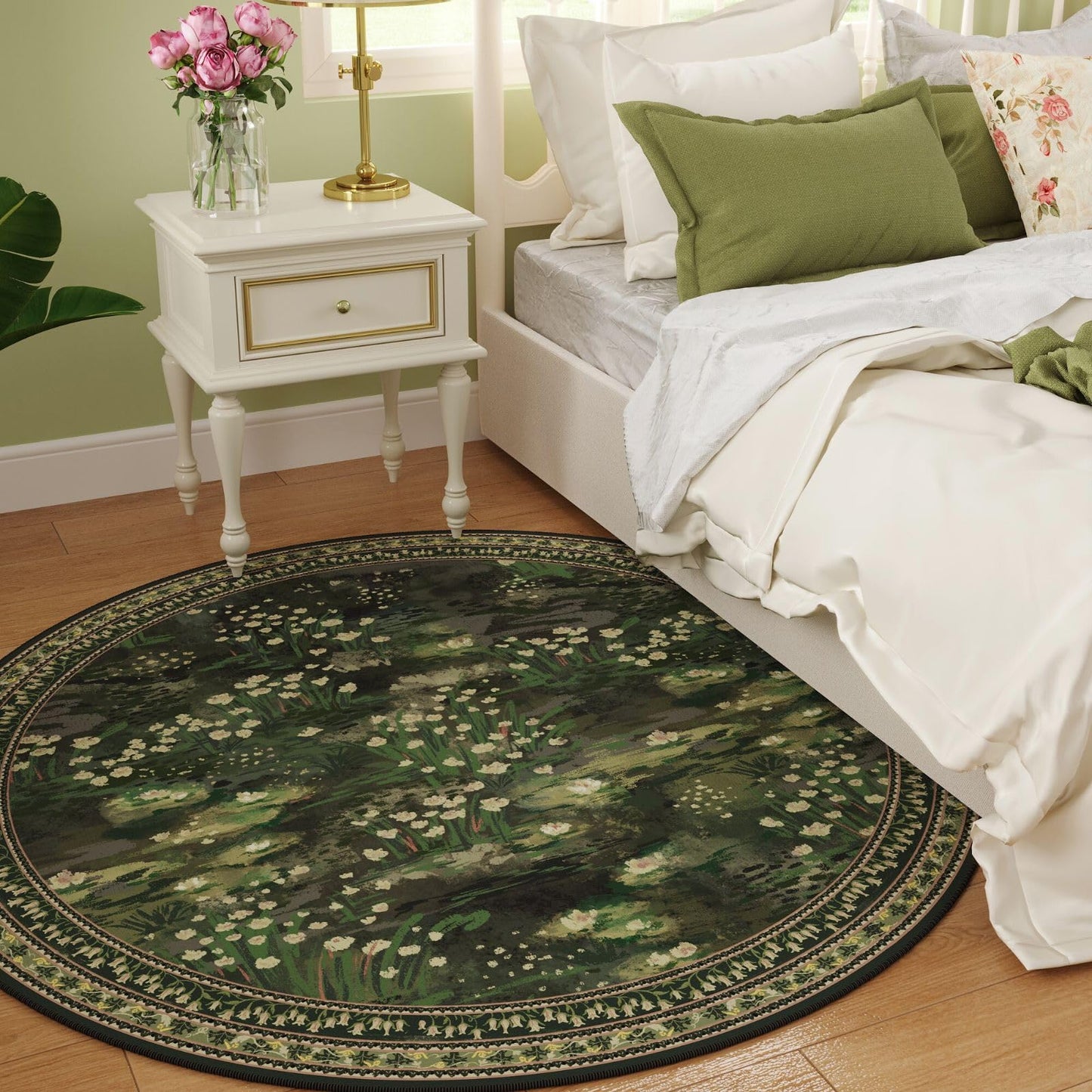 Rugcomf Circle Rug Impressionist-Style Vintage Round Rug 6ft Non Slip Low Pile Small Circular Rug for Bedroom Bathroom Entryway Kids Room Office College Dorm, Green