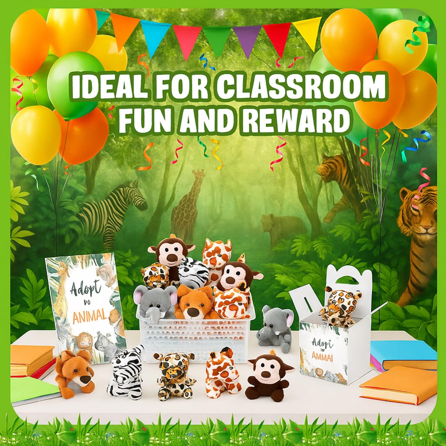 Vinsot 39 Pcs Mini Safari Stuffed Animals Set 18 Small Jungle Forest Animal Plush Toys 18 Kraft Paper Boxes Acrylic Sign Plastic Basket Adopt an Animal Favors for Birthday Supplies Gifts