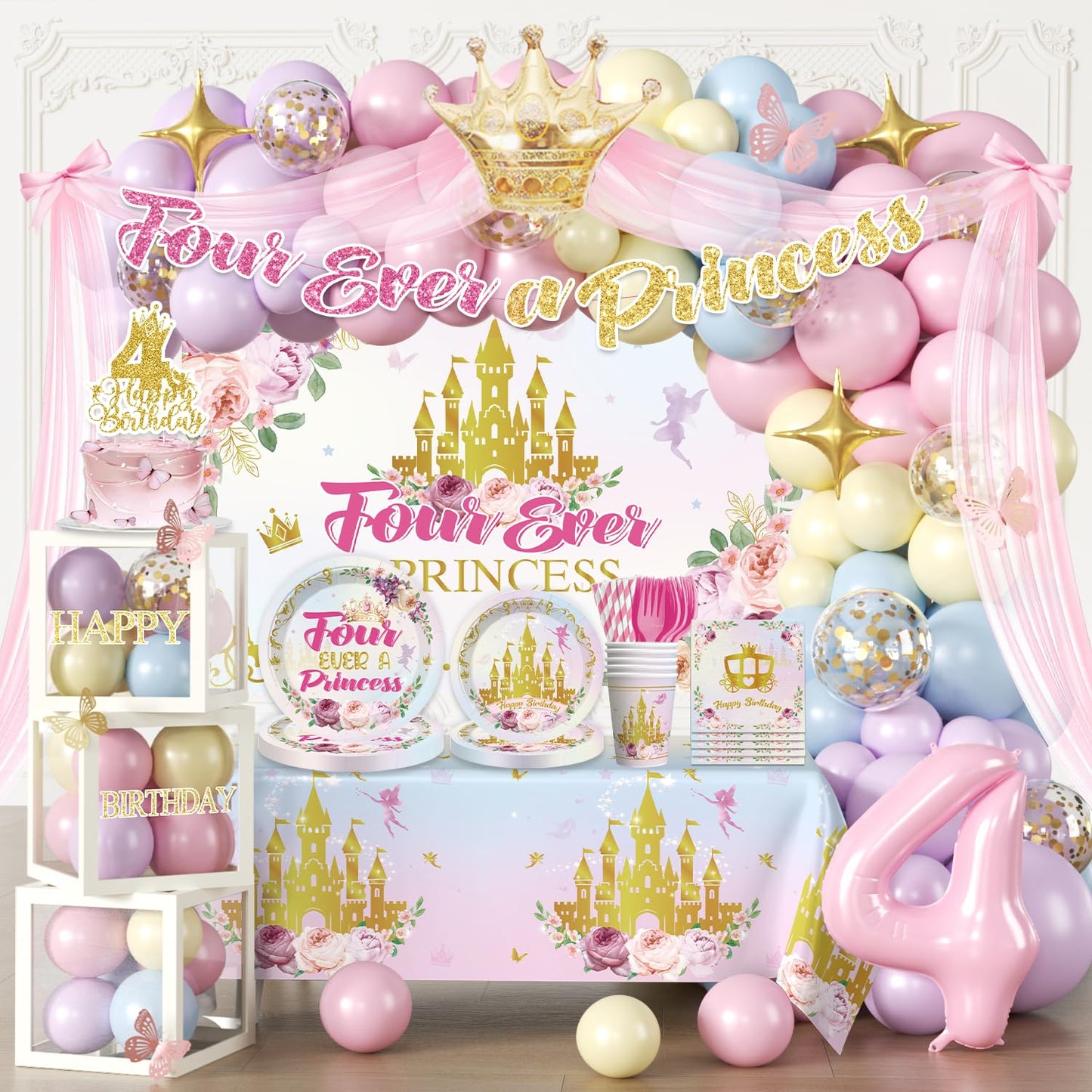 293 Pcs Four Ever a Princess Birthday Decorations, Princess Party Decorations Set Serves 25 - Banner, Balloon Arch Kit, Tableware, Cake Toppers, Backdrop for 4th birthday decorations girl