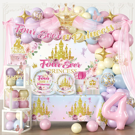 293 Pcs Four Ever a Princess Birthday Decorations, Princess Party Decorations Set Serves 25 - Banner, Balloon Arch Kit, Tableware, Cake Toppers, Backdrop for 4th birthday decorations girl