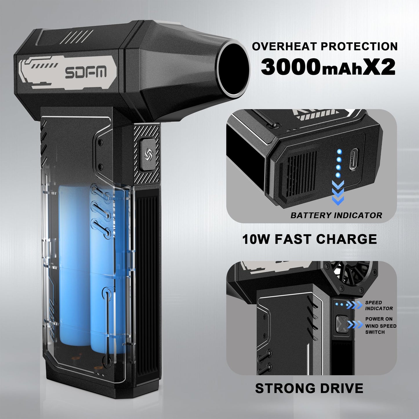 SDFM Compressed Air Duster - 180,000 RPM Electric Air Duster - with Brushless Motor, 3-Gear Adjustable Air Duster - for Keyboard, PC, Car, Air Bed, and Home Cleaning (X15)