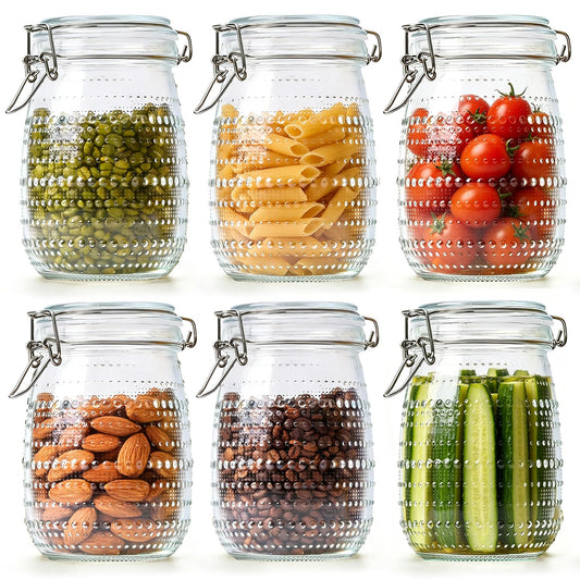 ComSaf 34oz 6 Pack Vintage Hobnail Glass Storage Jars with Airtight Clamp Lids, 1000ml Wide Mouth Clear Canister Set for Coffee Beans, Sugar, Snacks, Pasta, Pickling and Countertop Pantry Organization