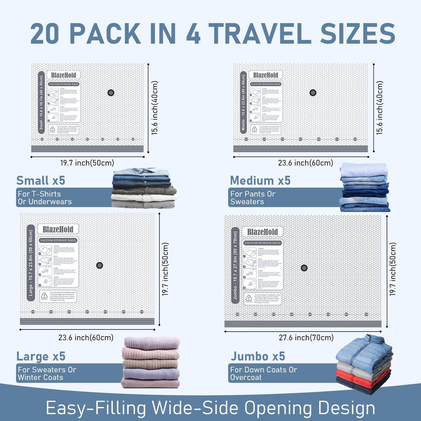 BlazeHold Travel Vacuum Storage Bags with Rechargeable Cordless Pump, 20 Pack 4 Sizes Compression Packing Bag Set for Luggage, Thickened Vacuum Seal Bags for Clothing, Triple-Zipper Sealer Upgrade