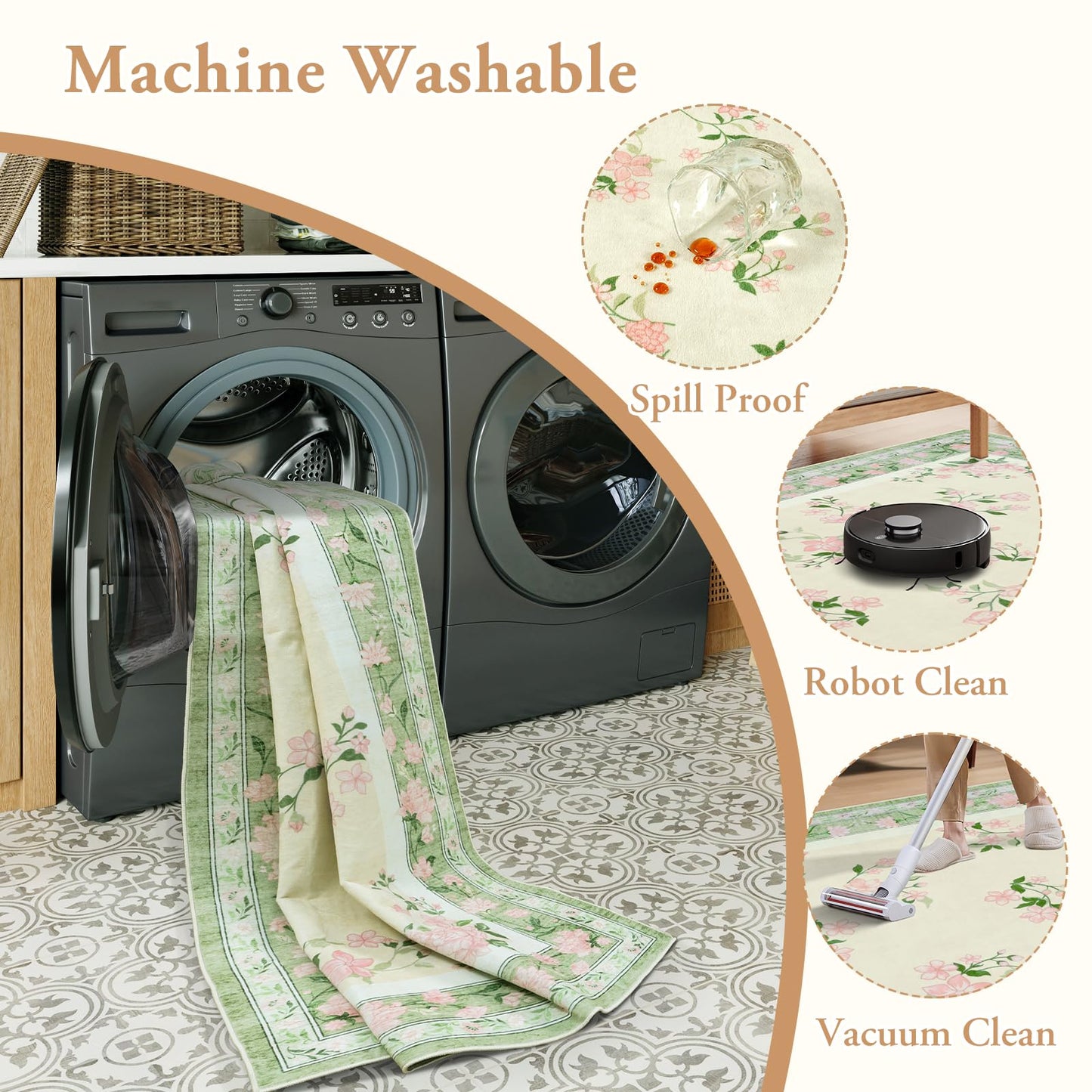 LIVEBOX Machine Washable Rug 5 x 7 Green Rugs for Living Room, Non Slip Vintsge Boho Bedroom Rug, Low-Pile Print Distressed Floral Carpet for Bedroom Home Office, Dining Room